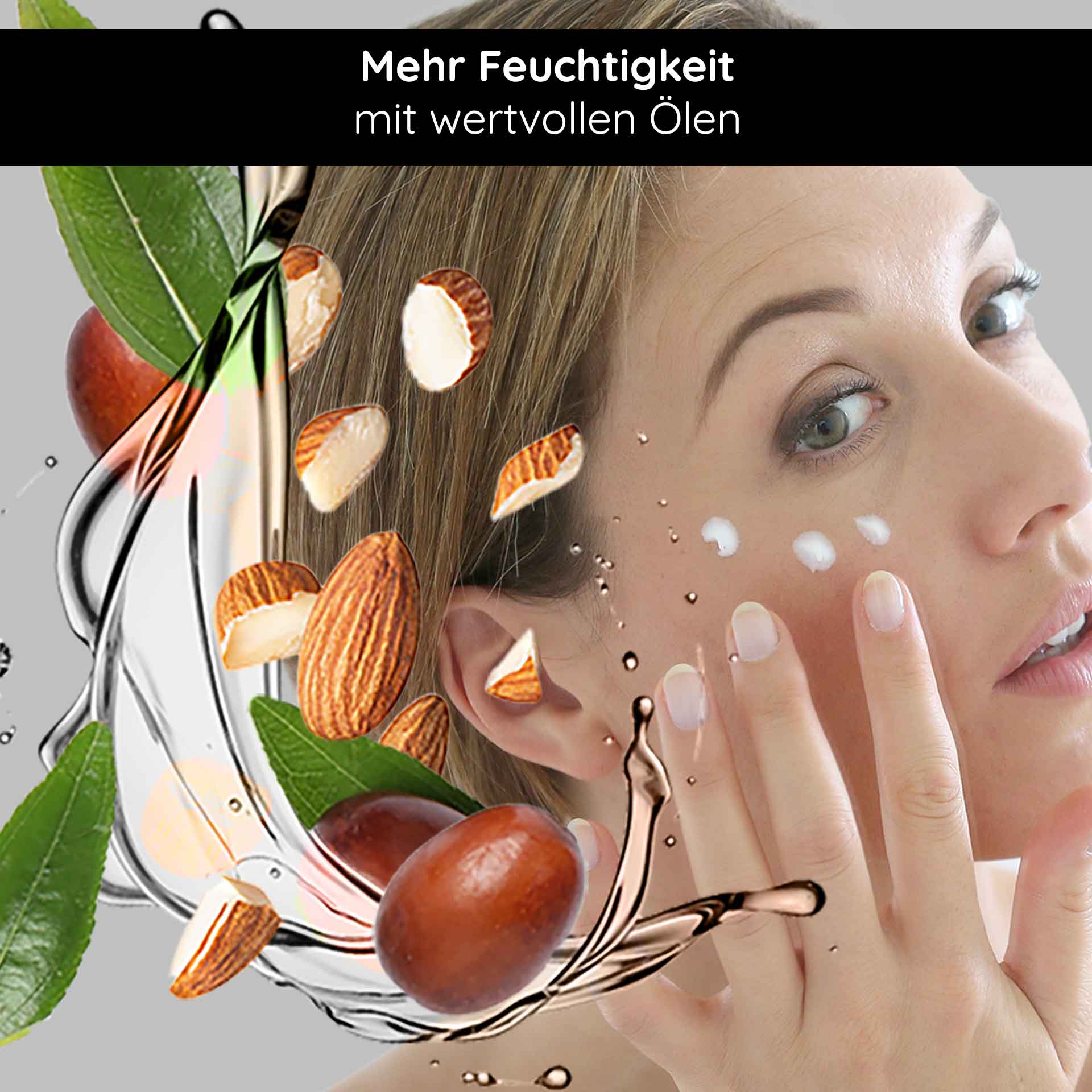 Caviar Eye Cream 15 ml - Augencreme für die reife Augenpartie Frau, die Feuchtigkeitscreme mit wertvollen Ölen auf ihr Gesicht aufträgt, umgeben von Mandeln und pflanzlichen Extrakten, betont die Hautpflege und Hydratation.