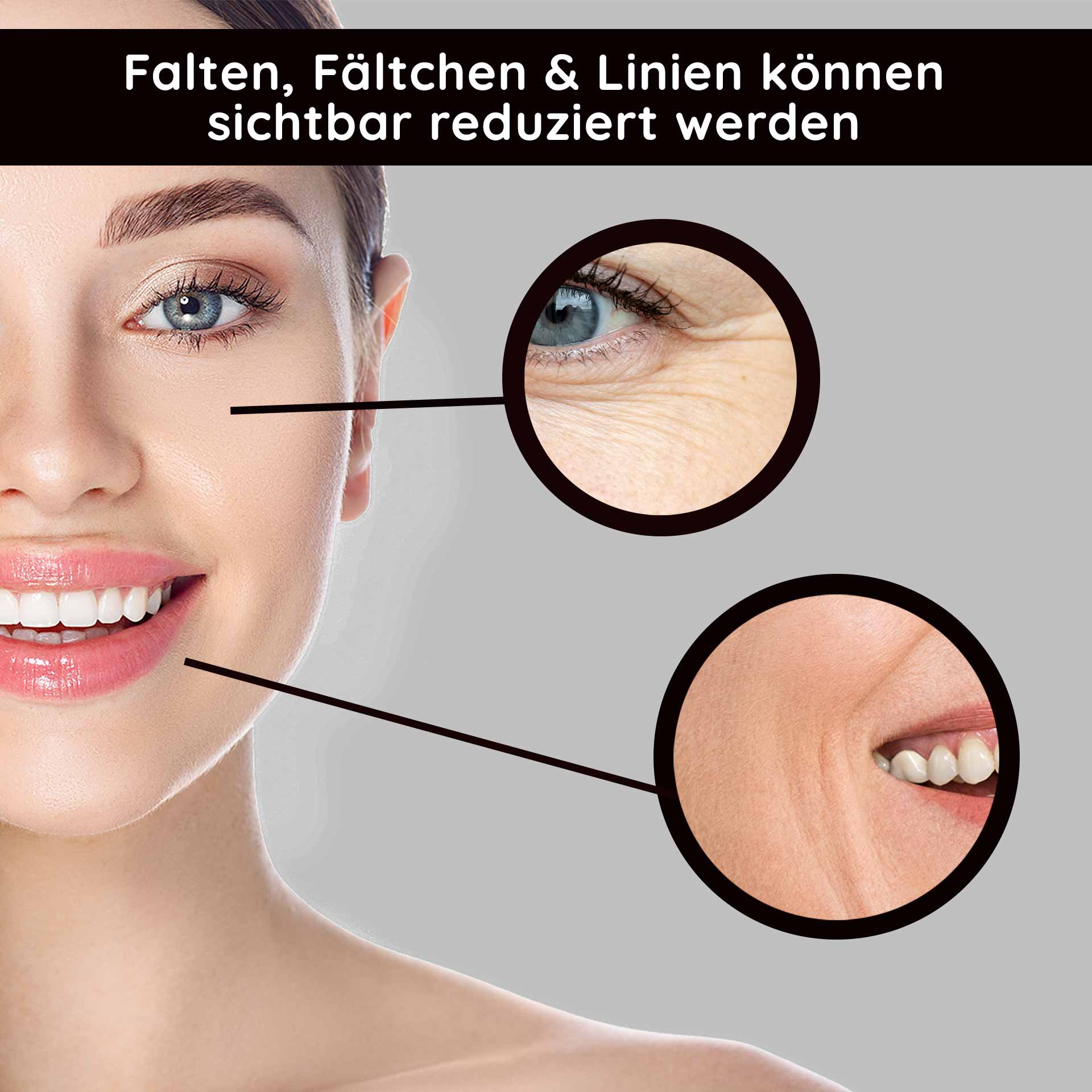 Collagen Serum 50 ml Anti-Aging Kur mit Trylagen Frau mit strahlendem Lächeln, hervorgehobene Bereiche um Augen und Mund zeigen reduzierte Falten und Linien, betont die Wirkung des RAU Cosmetics Collagen Serums für Anti-Aging und Hautpflege.