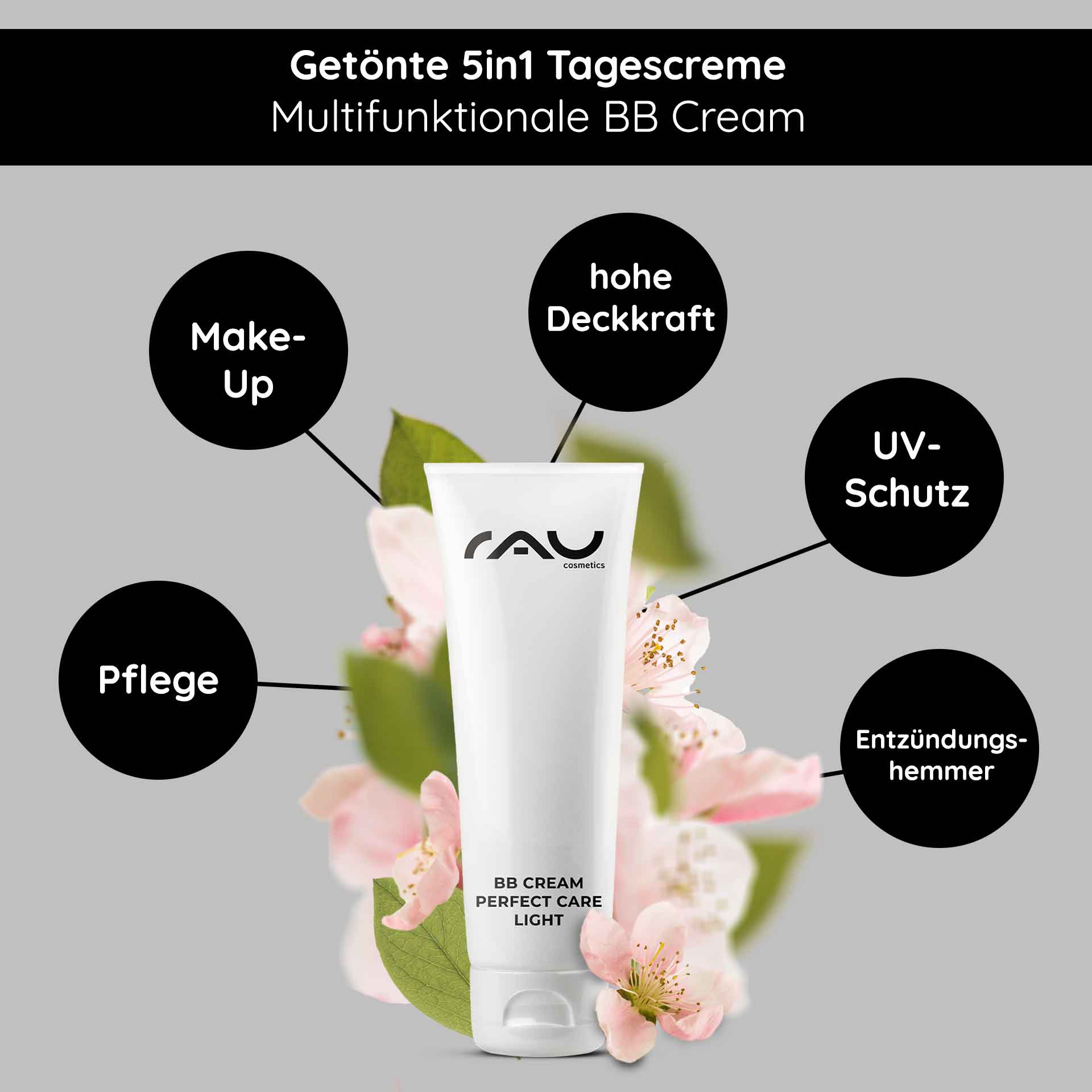 BB Cream Perfect Care Light 75 ml SPF12 Make-up & Pflege für ein schönes Hautbild RAU BB Cream Perfect Care Leichte Tube mit floralem Hintergrund, die multifunktionale Vorteile hervorhebt: hohe Deckkraft, UV-Schutz, Hautpflege und entzündungshemmende Eigenschaften.