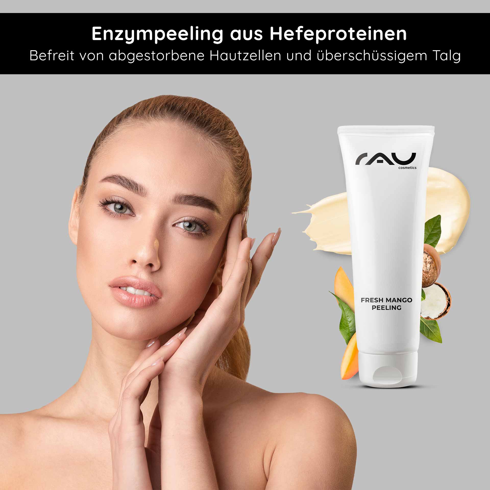 Fresh Mango Peeling 75 ml Enzymepeeling mit Mangoduft für feine Poren  Frau mit sanfter Hautpflege-Routine und RAU Cosmetics Fresh Mango Peeling, das abgestorbene Hautzellen entfernt und die Haut reinigt.