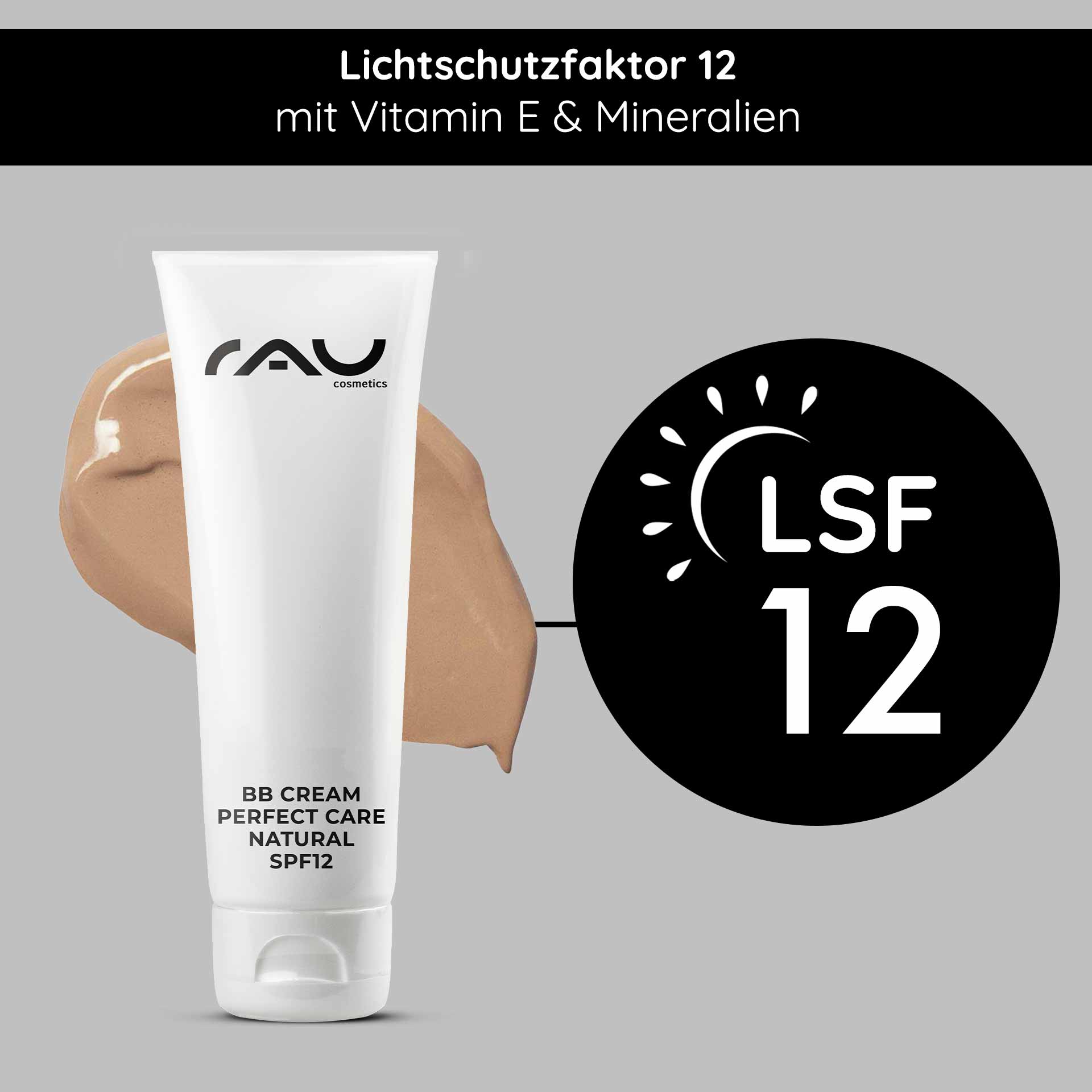 BB Cream Perfect Care Natural 75 ml SPF 12 Make-up & Pflege RAU Cosmetics BB Cream Perfect Care Natürliche Verpackung mit LSF 12, mit einem Crememuster, das die Vorteile für Hautpflege und Make-up hervorhebt.