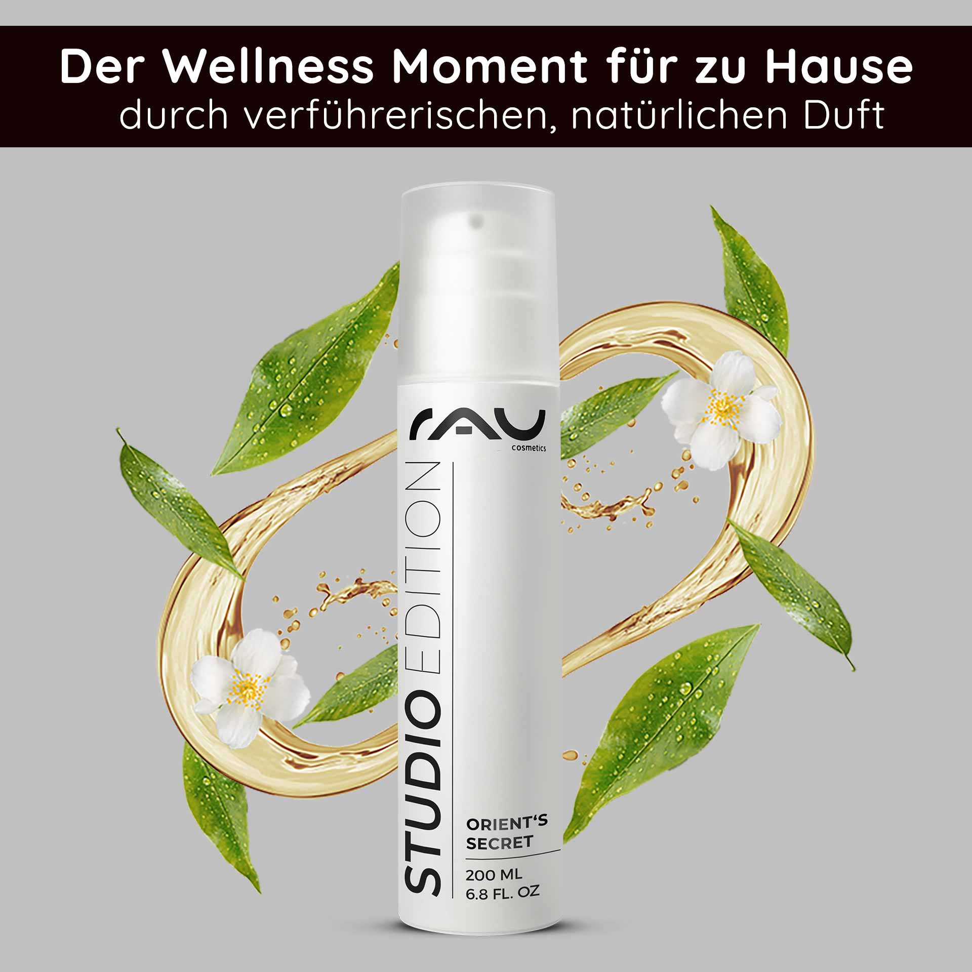 Orient's Secret 200 ml mit Amnethyst-Pulver Gesichtscreme Orient's Secret von RAU Cosmetics in 200 ml, umgeben von natürlichen Zutaten wie Blüten und Blättern, betont die pflegenden Eigenschaften und den frischen Duft.