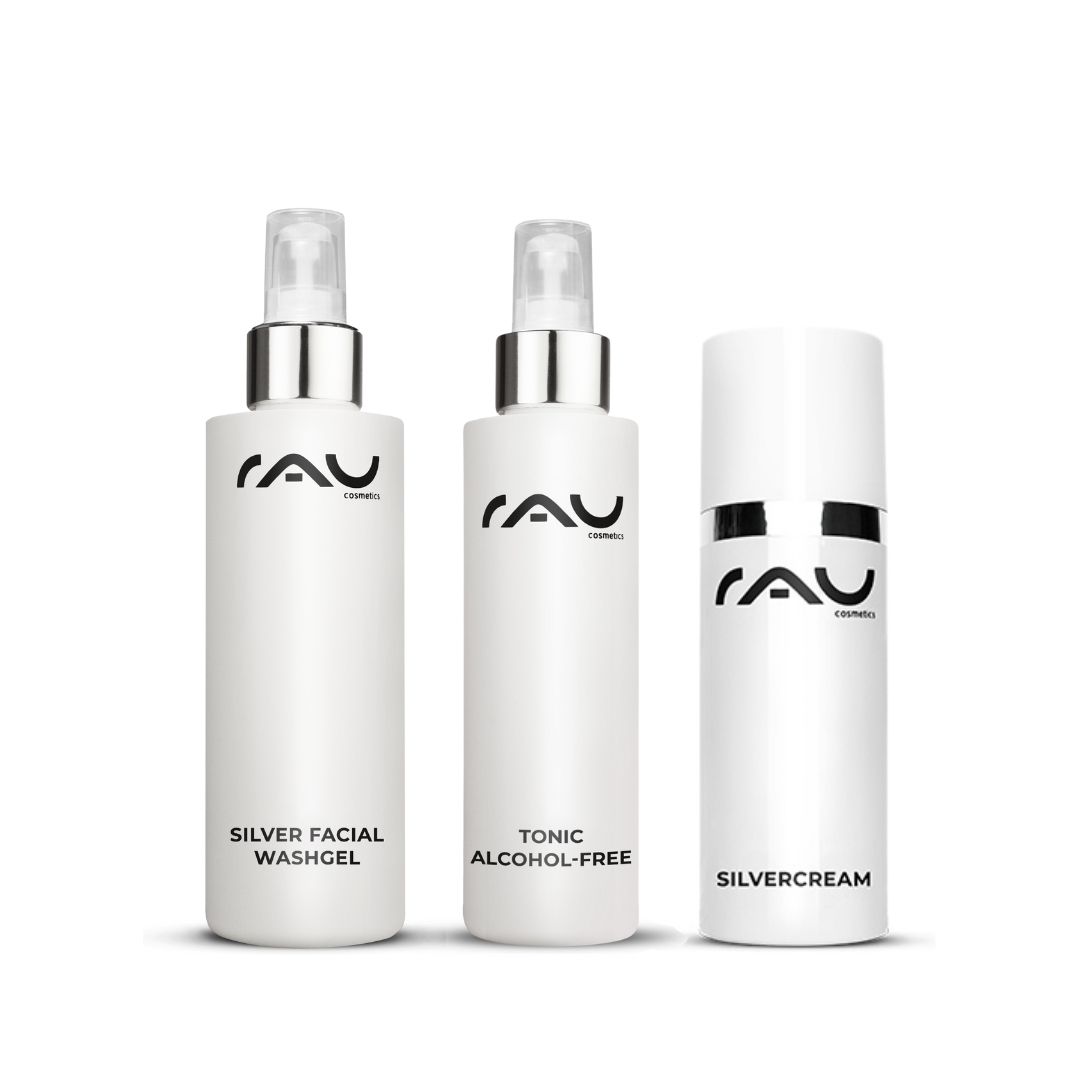 Basic care routine for impure dry skin Set mit Hautpflegeprodukten von RAU Cosmetics, darunter Silver Facial Washgel, Alcohol-Free Tonic und Silvercream, entwickelt zur Behandlung trockener, unreiner Haut.
