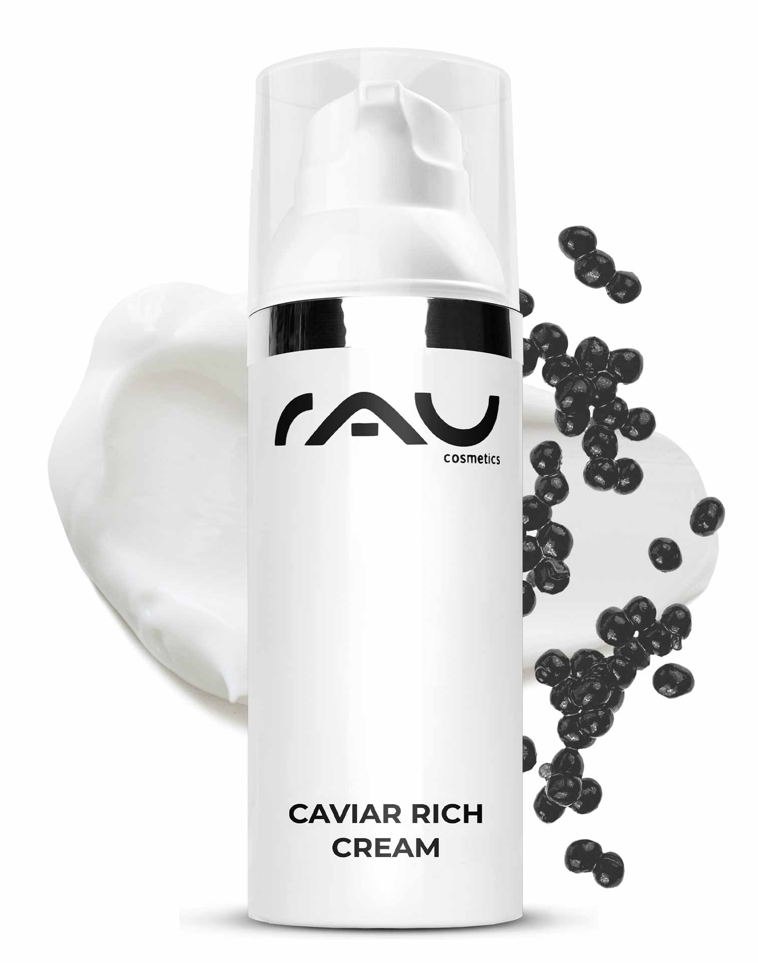 Caviar Rich Cream 50 ml Reichhaltige Anti Aging Creme Verpackung der RAU Cosmetics Caviar Rich Cream mit Kaviarperlen und Cremetextur, die Anti-Aging-Eigenschaften für trockene und reife Haut hervorhebt.