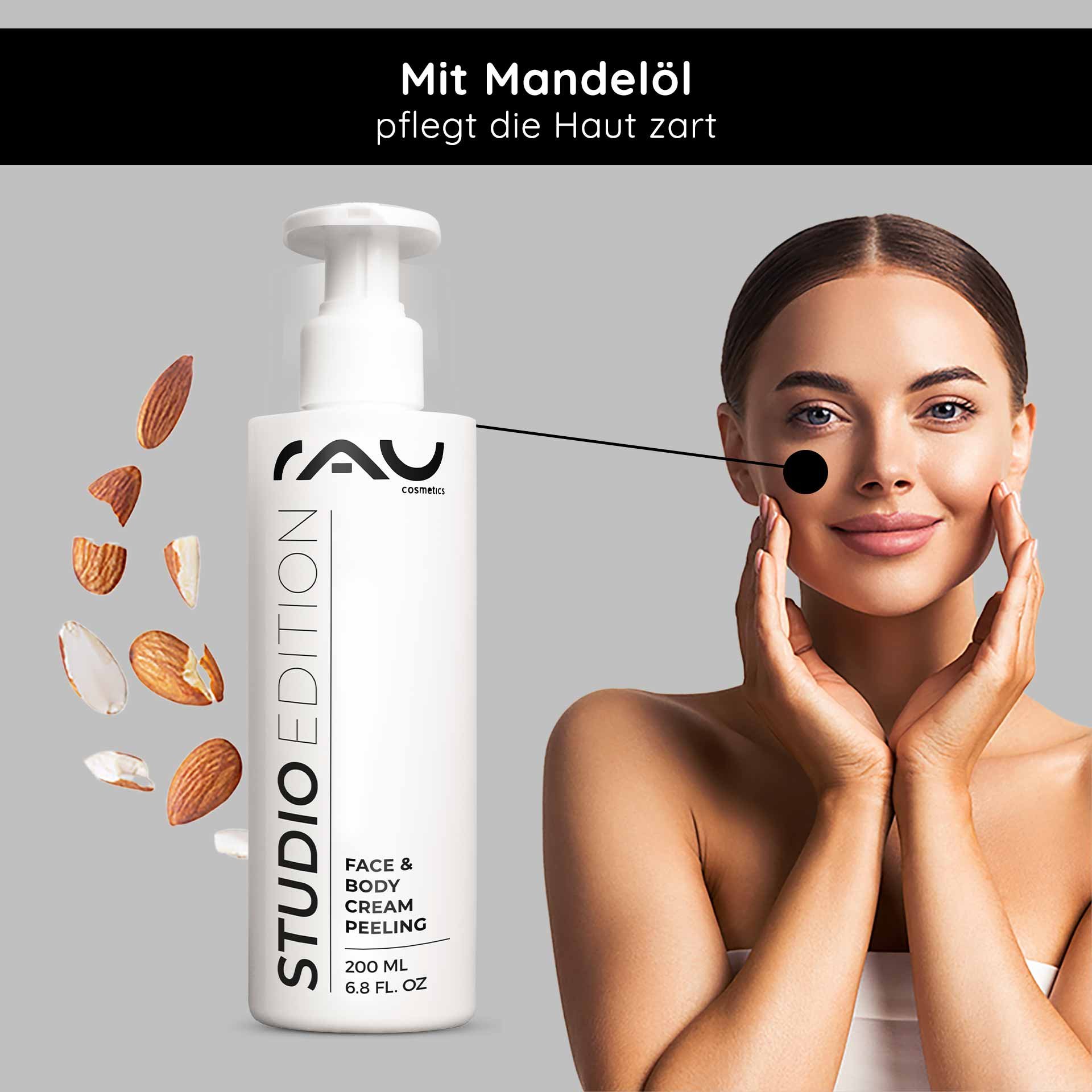 „RAU Cosmetics Studio Edition Face & Body Cream Peeling 200 ml mit Mandelöl – sanftes Gesichts- und Körperpeeling für zarte Haut“