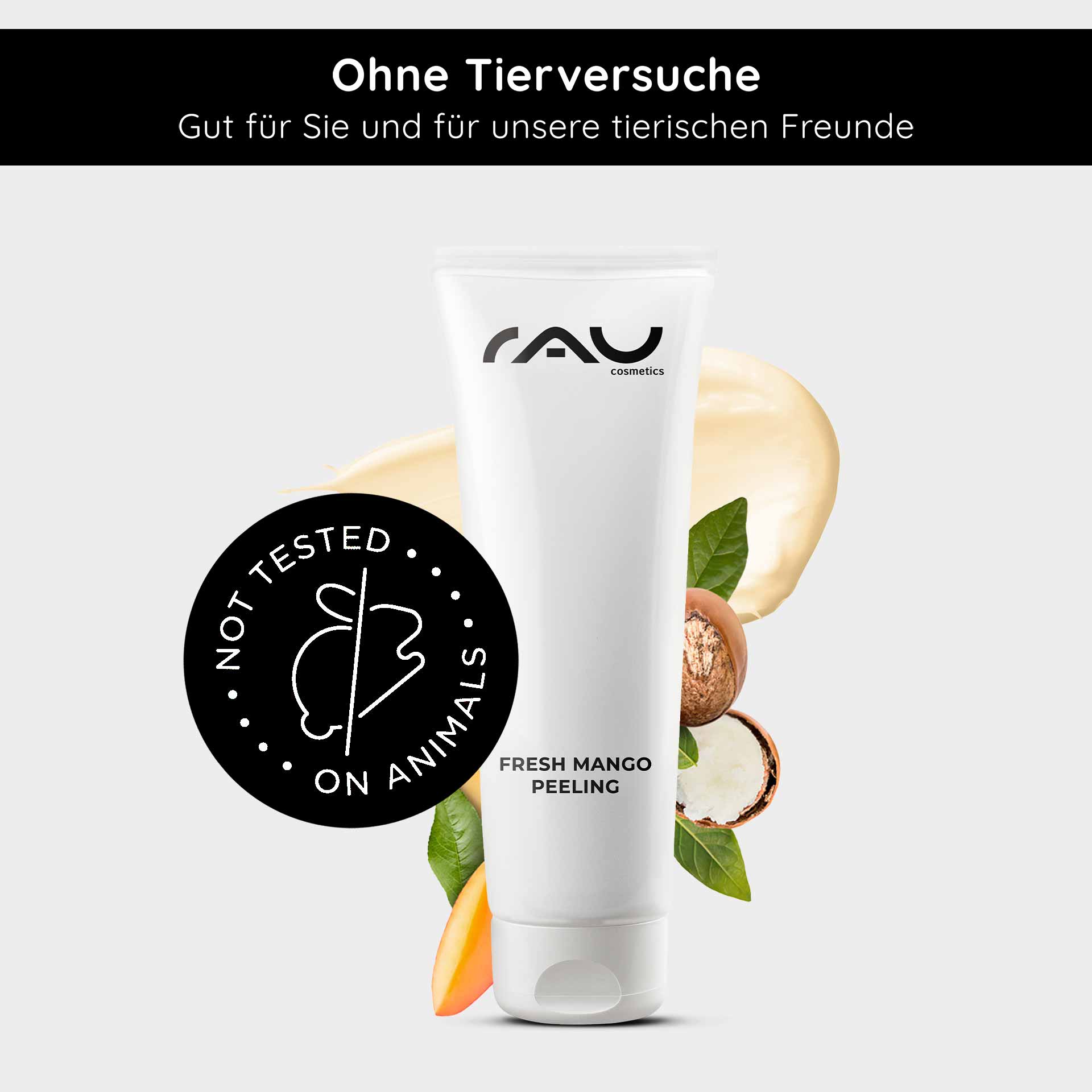 Fresh Mango Peeling 75 ml Enzymepeeling mit Mangoduft für feine Poren  RAU Cosmetics Fresh Mango Peeling-Tube mit dem Etikett „Nicht an Tieren getestet“, umgeben von Mango- und Sheabutter-Elementen, die ein sanftes Hautpeeling betonen.