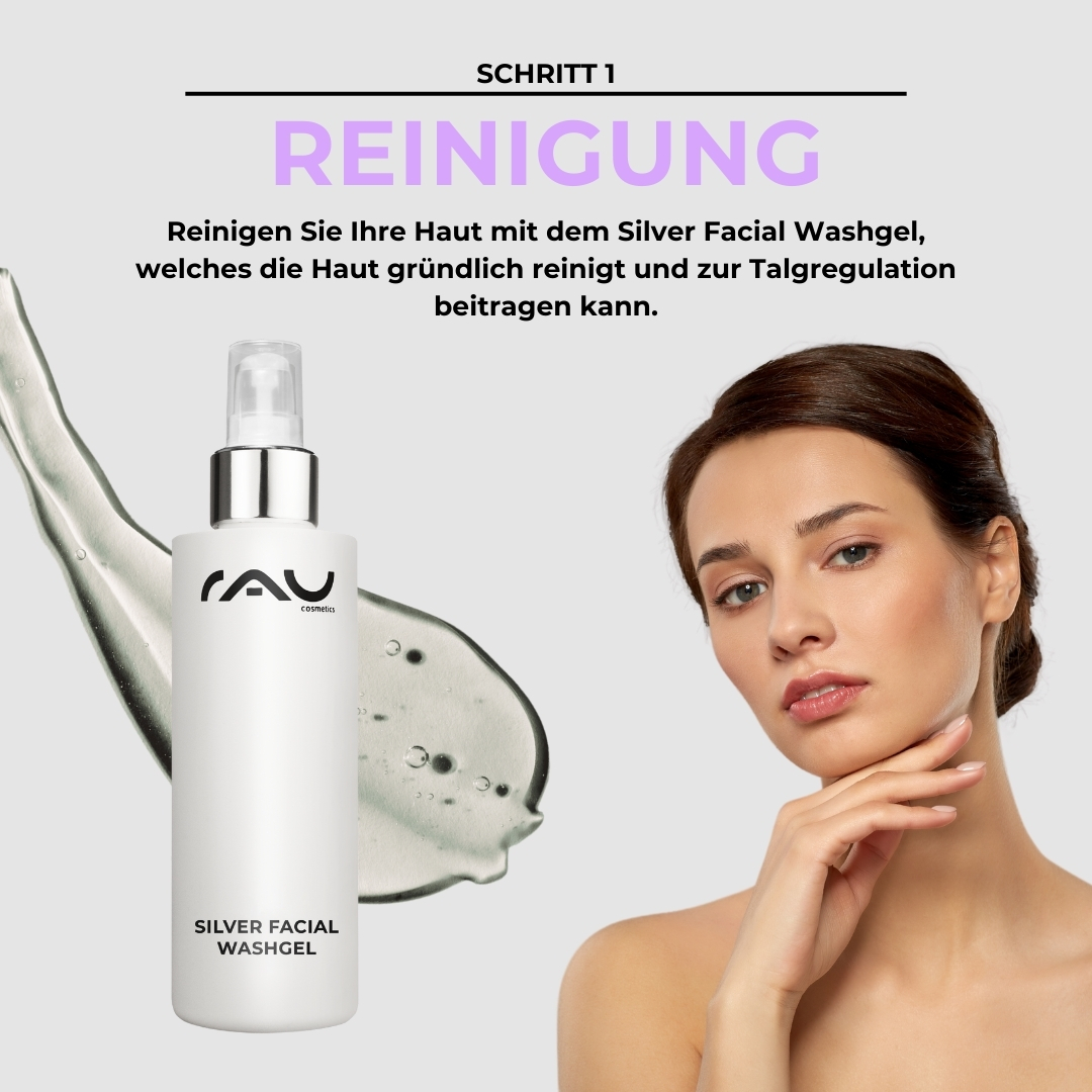 Advanced care routine for combination skin Frauenporträt mit sanfter Haut und glänzendem Teint, präsentiert das RAU Silver Facial Washgel für die Reinigung, um die Haut zu klären und die Talgregulation zu unterstützen.