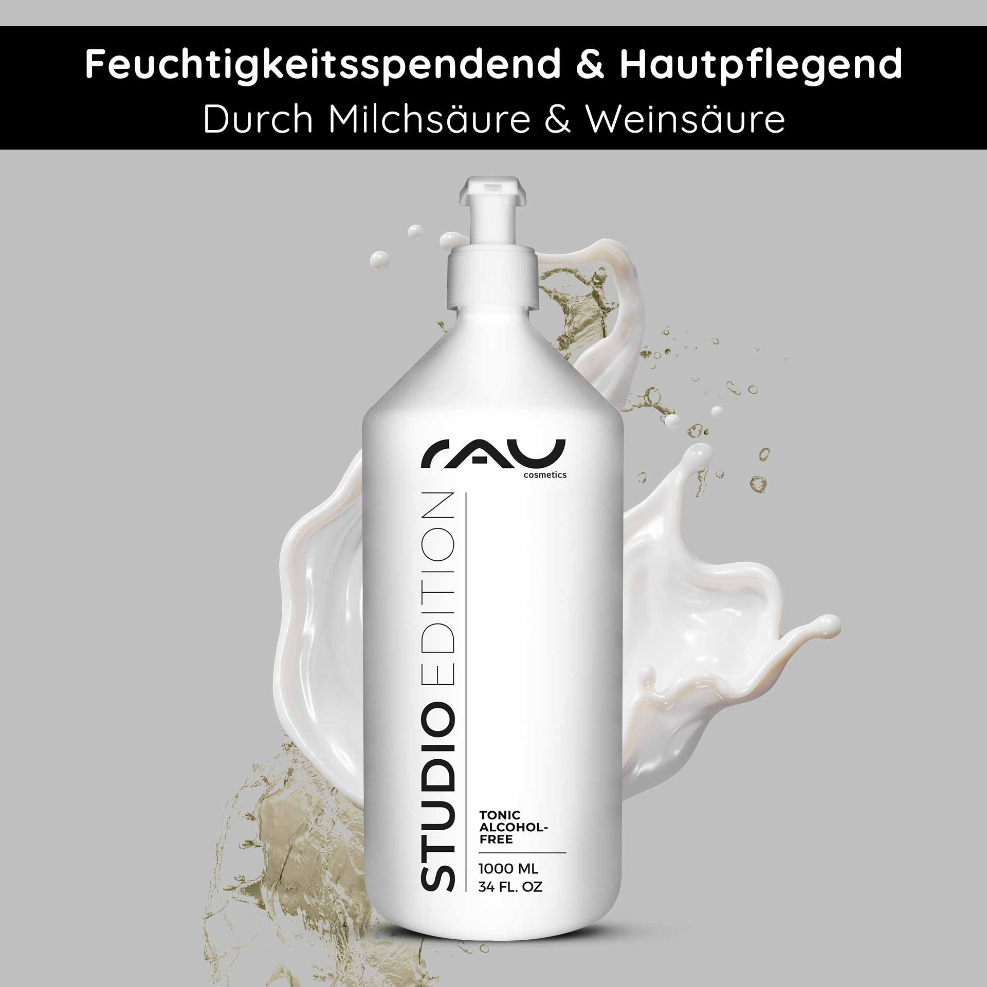 Tonic alcohol-free 1000 ml mit Brennnessel Extrakt Alkoholfreies Tonic-Flasche mit Brennnesselextrakt von RAU Cosmetics, 1000 ml, Aufschrift „STUDIO EDITION“, mit Betonung der feuchtigkeitsspendenden und hautpflegenden Wirkung.