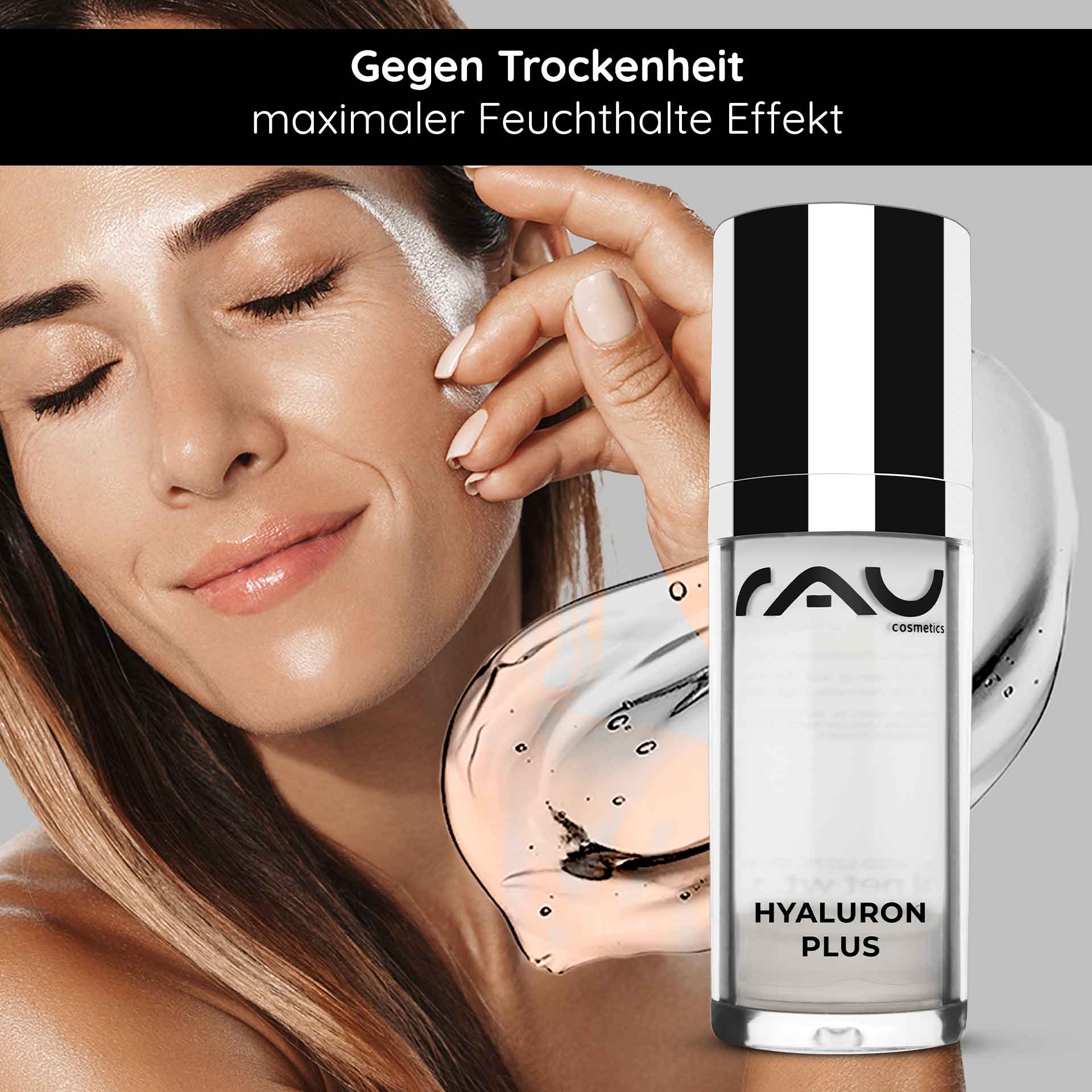 Hyaluron Plus 30 ml Sofortlifting Gel RAU Cosmetics Hyaluron Plus 30 ml – Gesichtsserum mit hoch- und niedermolekularer Hyaluronsäure für intensive Feuchtigkeit und Soforteffekt. Abbildung des Produkts in einem eleganten Airless-Spender mit transparentem Gel.