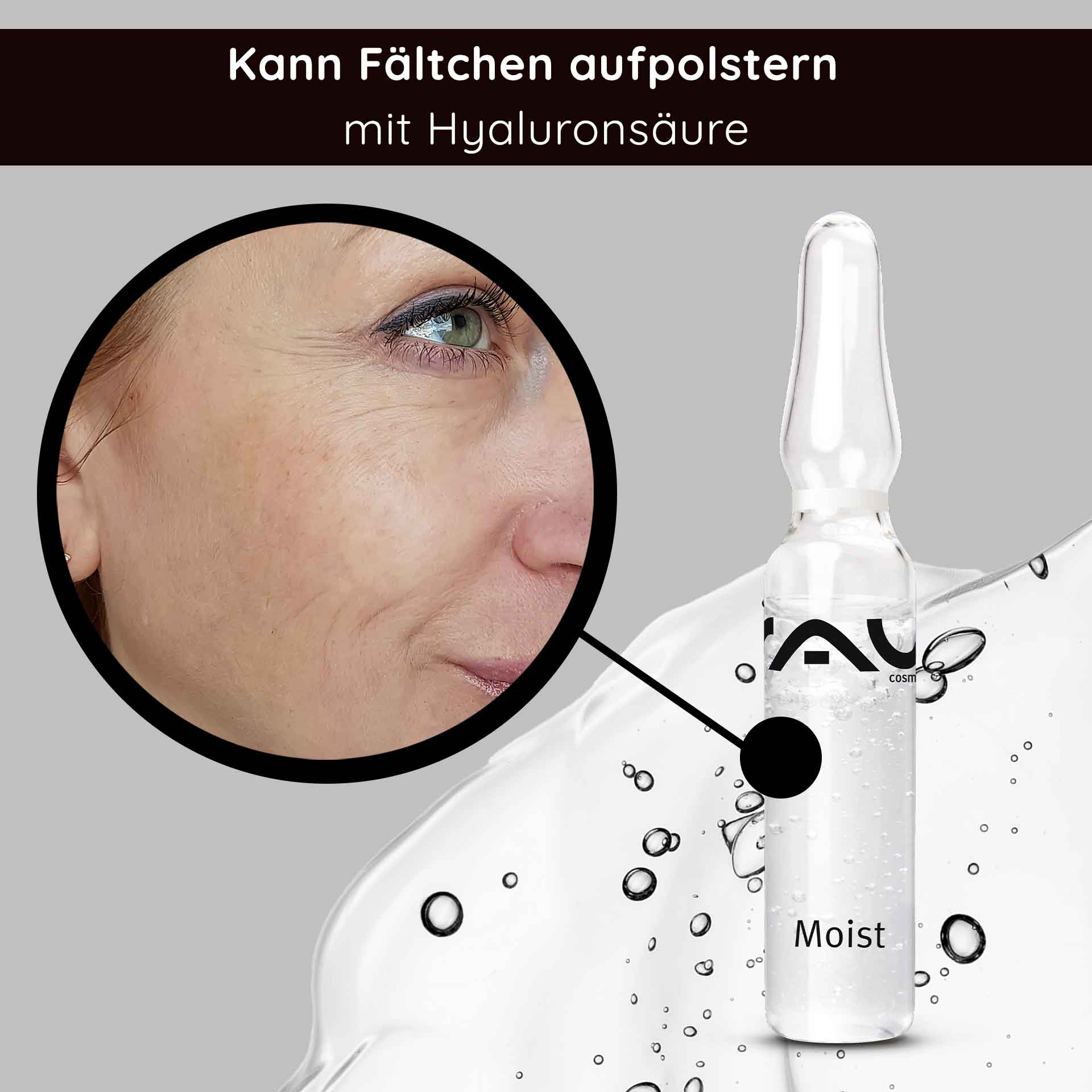 Moist ampoules 7x2 ml incl. applicator Hyaluron Booster Hyaluronsäure-Ampulle von RAU Cosmetics mit Nahaufnahme der Haut mit feinen Linien, die die feuchtigkeitsspendende Wirkung für reife Haut hervorhebt.