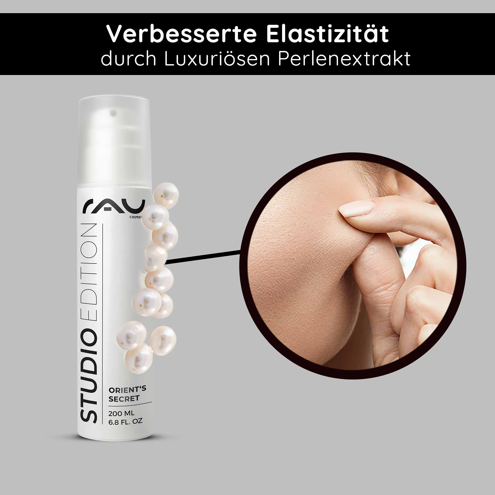 Orient's Secret 200 ml with amnethyst powder Eine Flasche Gesichtscreme „Orient‘s Secret“ von RAU Cosmetics mit luxuriösem Perlenextrakt, die die verbesserte Hautelastizität hervorhebt, und eine Nahaufnahme einer Hand, die sanft in die glatte Haut kneift.