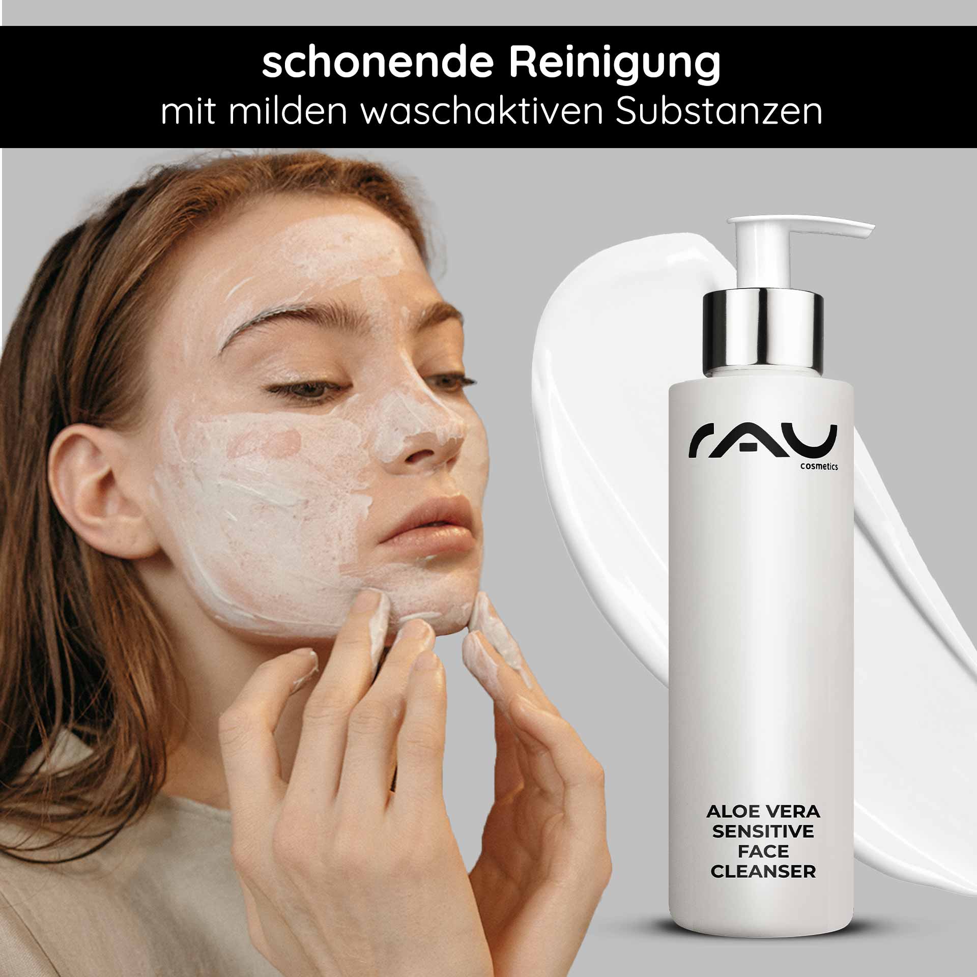 Aloe Vera Sensitive Face Cleanser 200 ml Reiniger  Frau mit Gesichtsmaske und Aloe Vera Sensitive Face Cleanser von RAU Cosmetics, sanfte Reinigung für empfindliche Haut, milde waschaktive Substanzen.