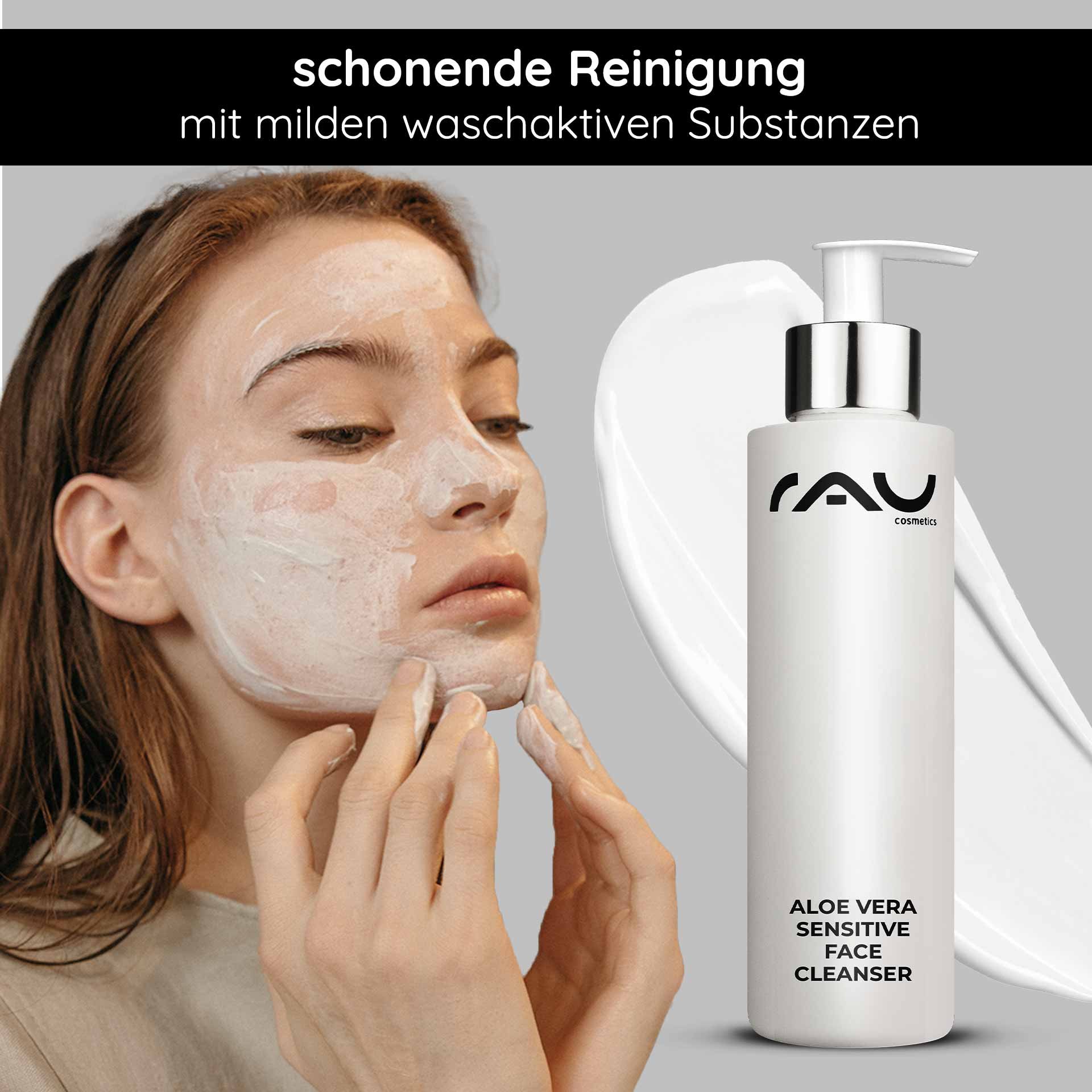 Frau mit Gesichtsmaske und Aloe Vera Sensitive Face Cleanser von RAU Cosmetics, sanfte Reinigung für empfindliche Haut, milde waschaktive Substanzen.