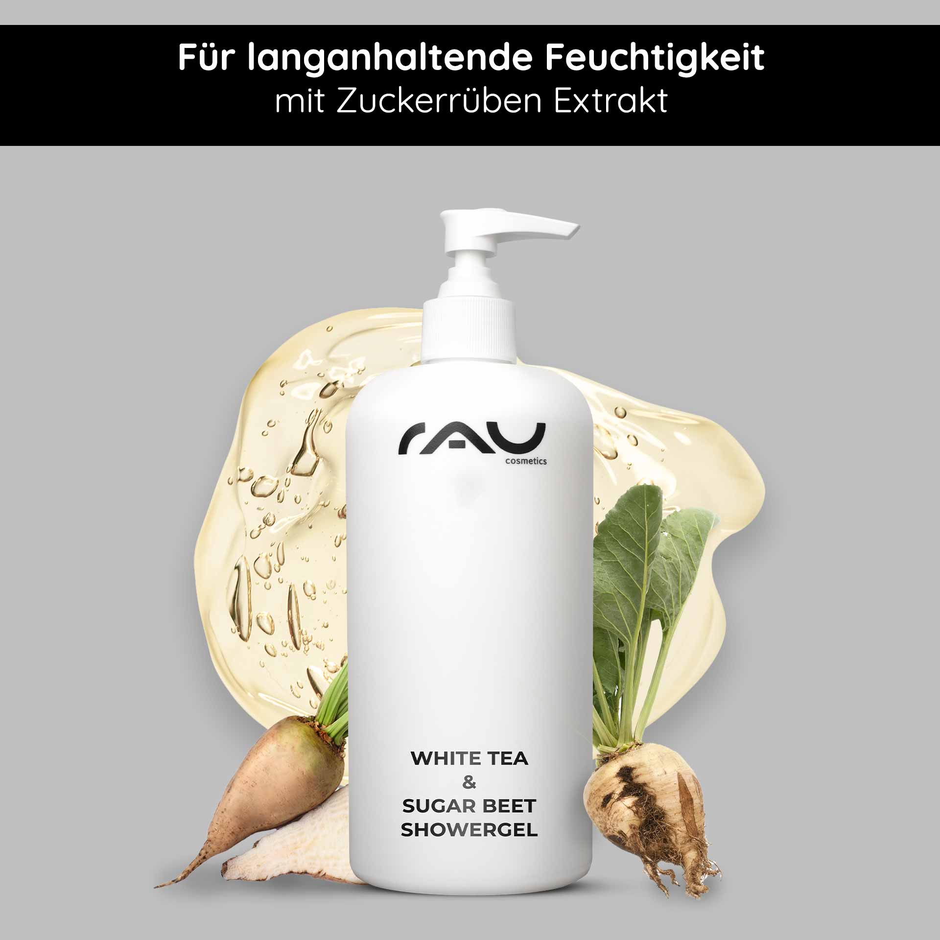 White Tea & Sugar Beet Shower Gel 500 ml Shower Gel RAU Cosmetics White Tea & Sugar Beet Duschgelflasche mit Pumpe, mit natürlichen Inhaltsstoffen und einem Hintergrund aus Zuckerrüben- und Weißtee-Elementen, die die Feuchtigkeitsspeicherung fördern.