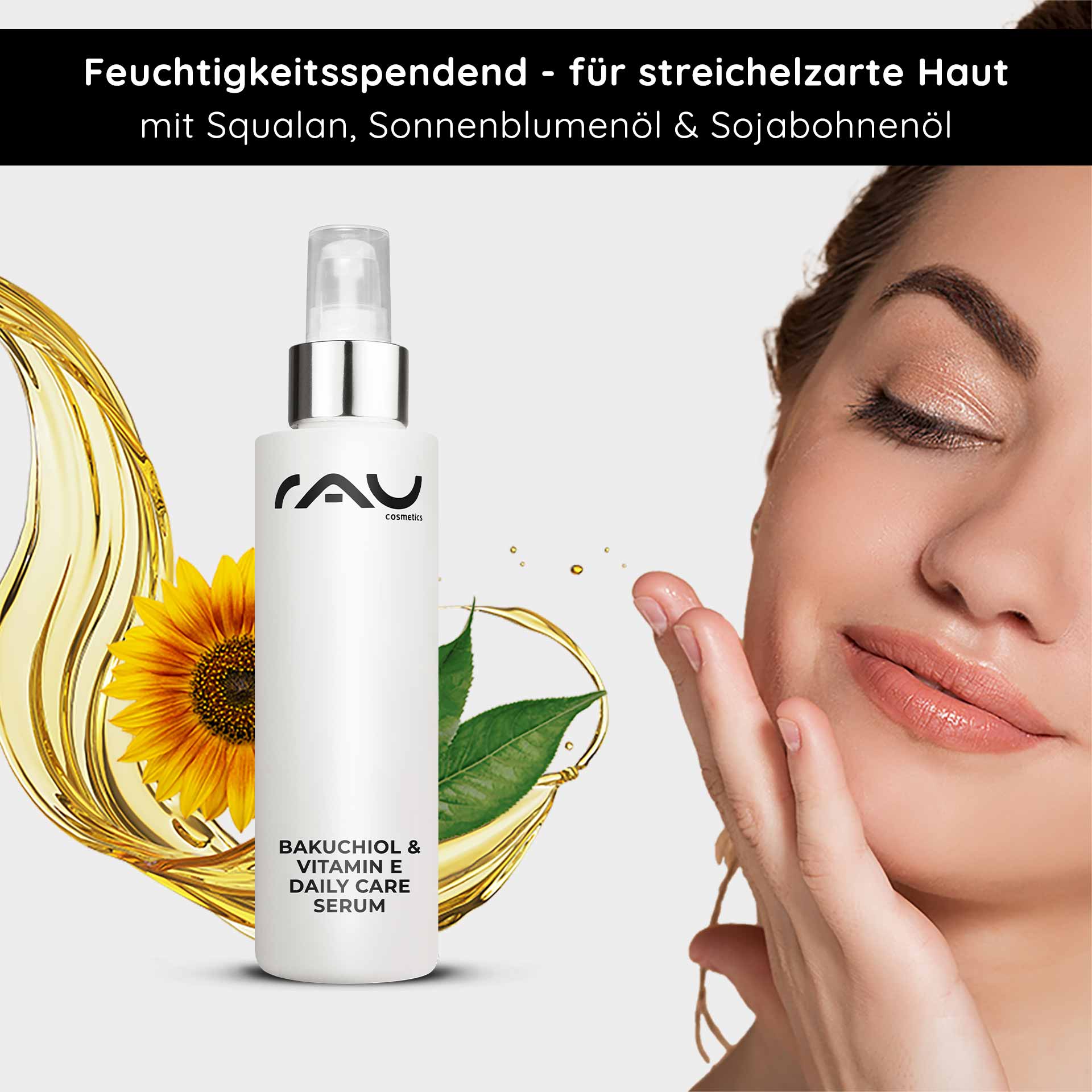 Bakuchiol & Vitamin E Daily Care Serum 100 ml Anti-Aging RAU Cosmetics Bakuchiol & Vitamin E Daily Care Serum – Produktabbildung des Anti-Aging-Serums in einem eleganten Airless-Spender mit sichtbarem Etikett und transparentem Hintergrund.