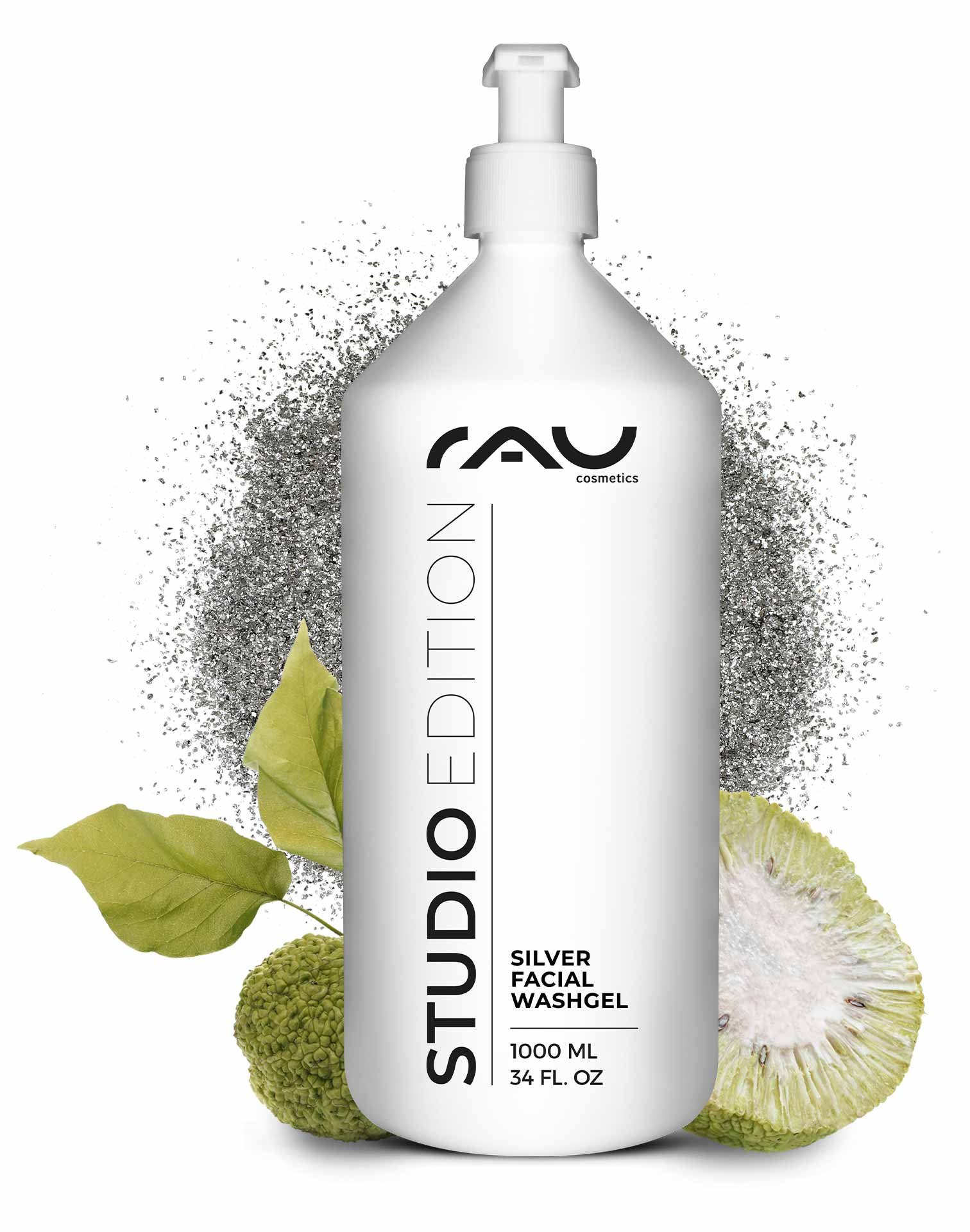 Flasche RAU Silver Facial Washgel 1000 ml mit Antimikrobielle Wirkung, umgeben von grünen Blättern und grafischen Elementen, für sanfte Reinigung und Hautpflege.