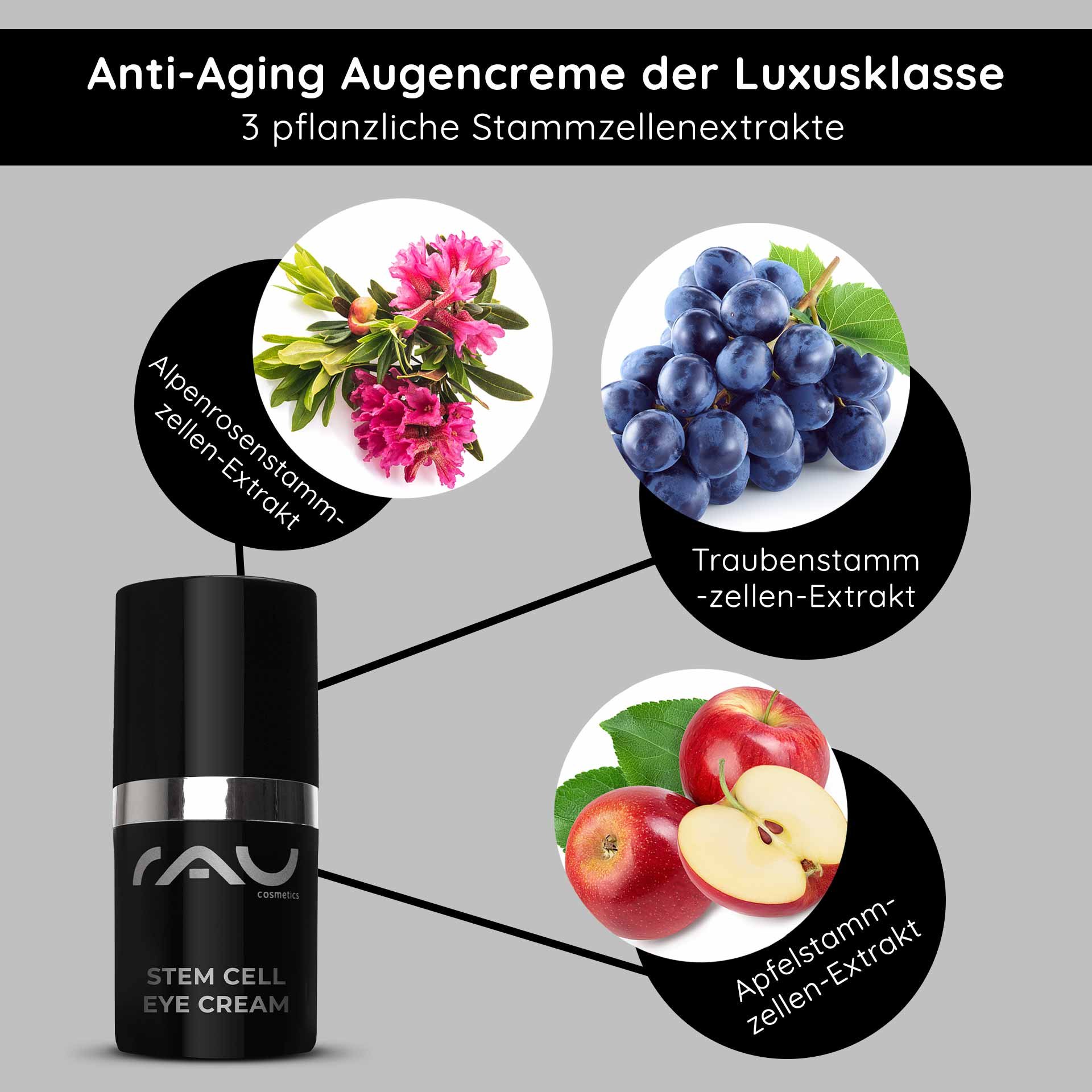 Anti-Aging Augencreme von RAU Cosmetics mit pflanzlichen Stammzellenextrakten aus Alpenrose, Traube und Apfel, präsentiert in eleganter Verpackung.