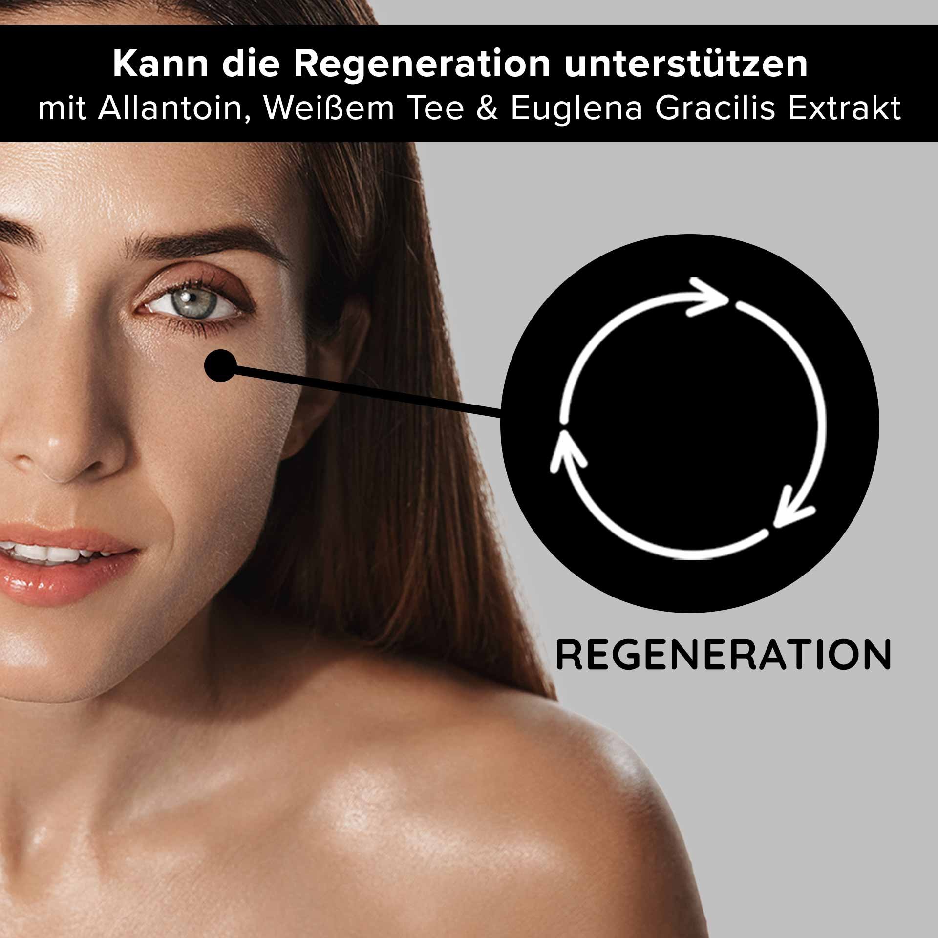 Frau mit strahlendem Teint und sichtbarem Auge, betont die regenerierenden Eigenschaften des RAU Cosmetics White Tea Eye Cooling Gel mit Allantoin, weißem Tee und Euglena Gracilis Extrakt.