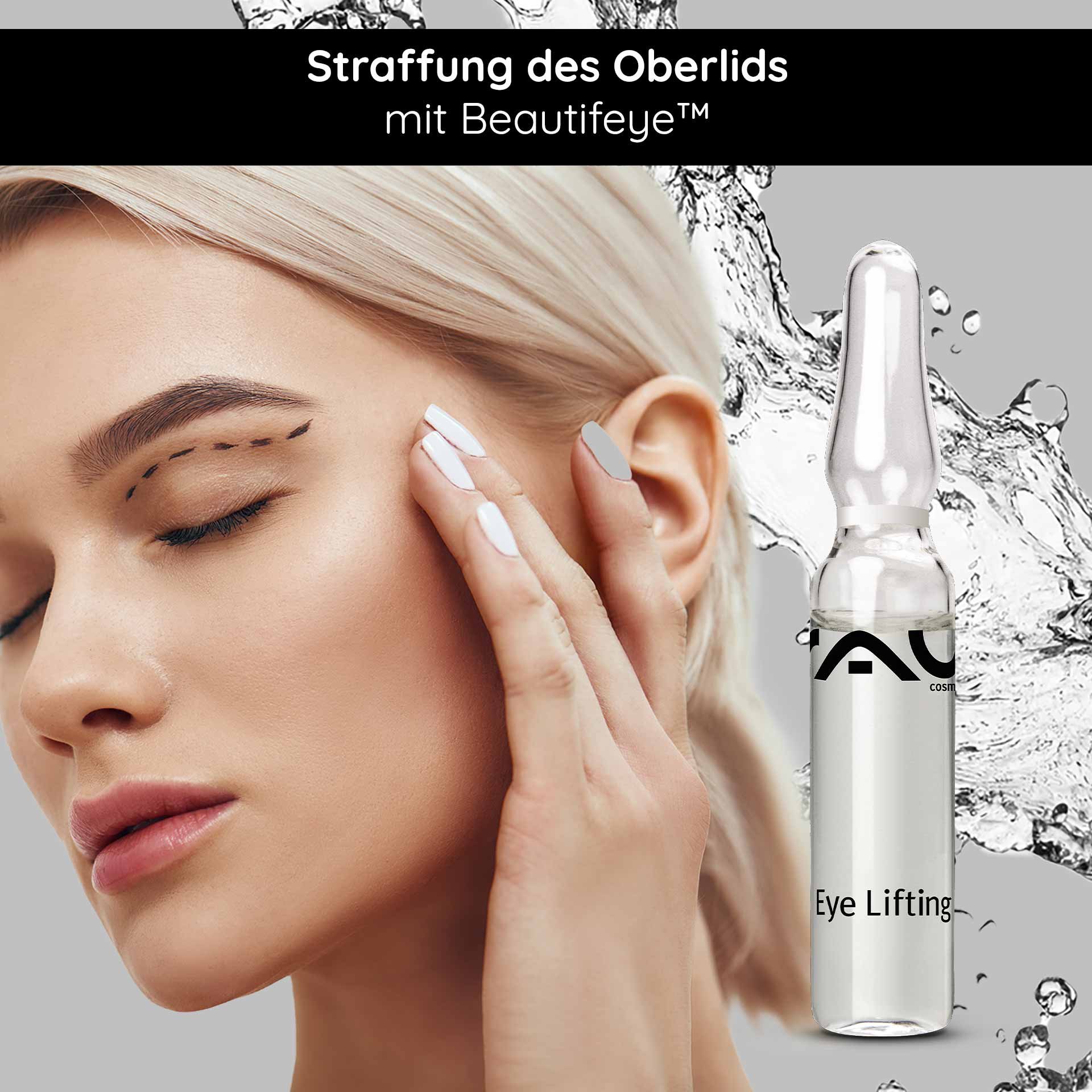 Woman with closed eyes gently touching her eye area, next to an Eye Lifting Ampoule from RAU Cosmetics, with text 'Tightening of the upper eyelid with Beautifeye™'.