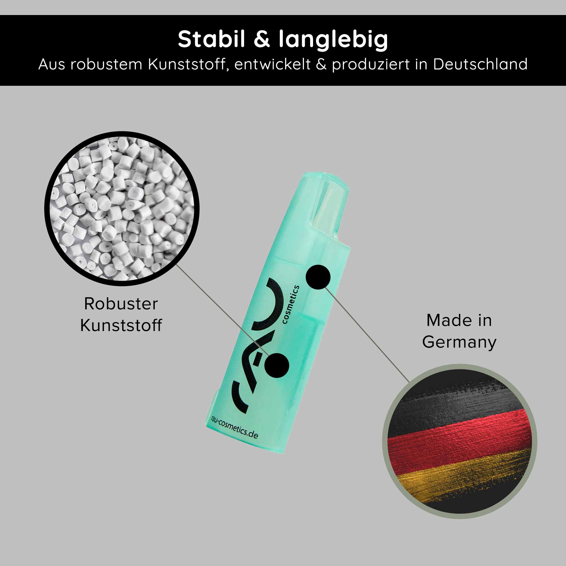 Ampullenöffner für 2 ml Brechampullen Ampullenöffner von RAU Cosmetics, hergestellt aus robustem Kunststoff, mit Text "Stabil & langlebig", und Hinweis "Made in Germany".