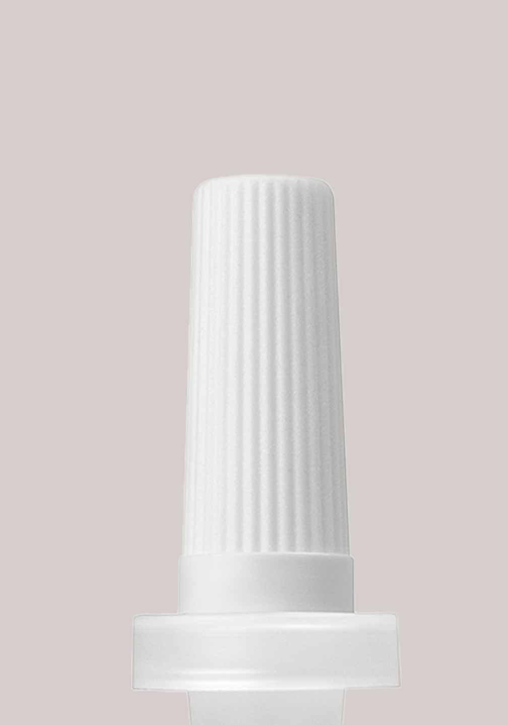 Weißer, gerippter Kunststoffverschluss für Ampullenapplikatoren von RAU Cosmetics, geeignet für 2 ml Ampullen.