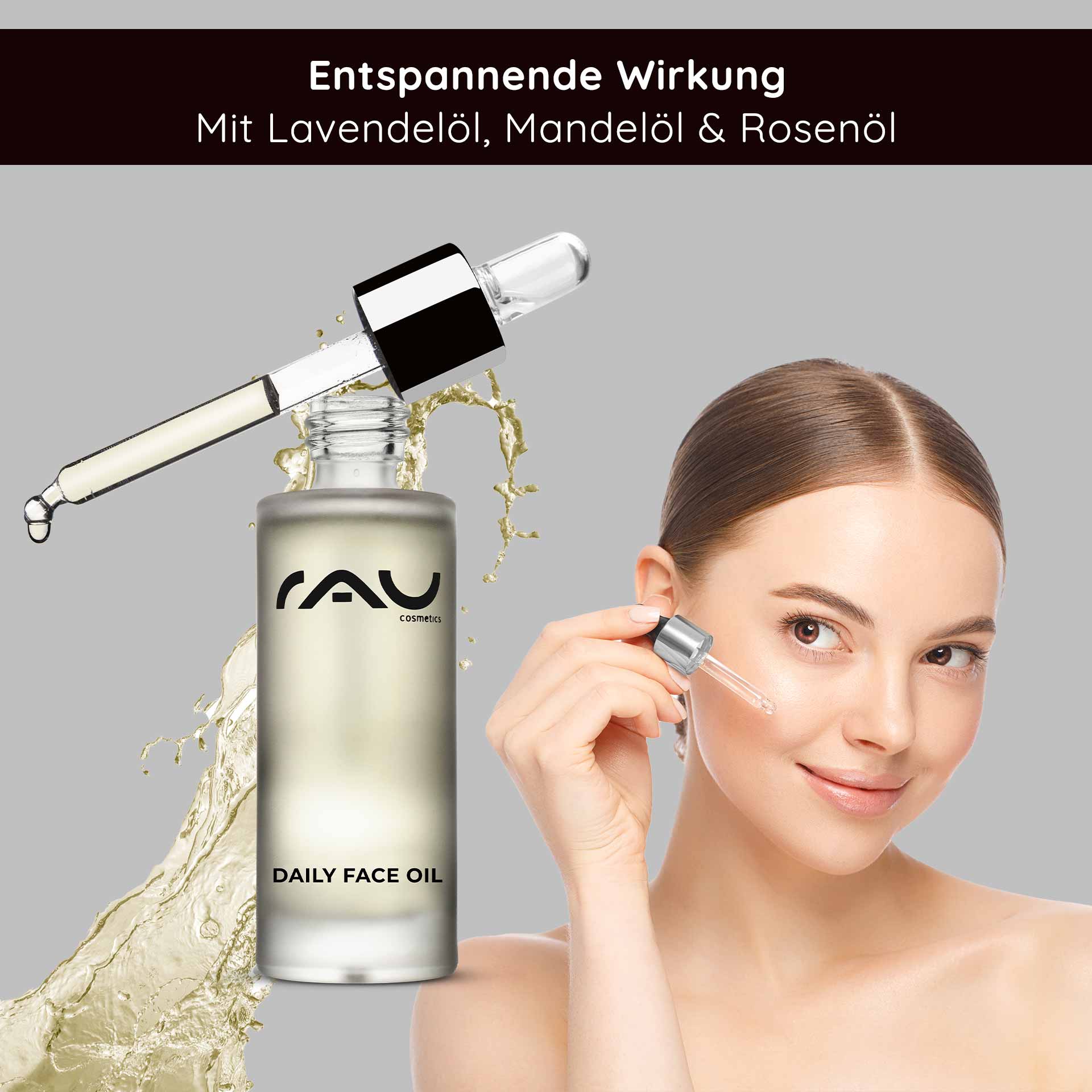 Daily Face Oil 30 ml Pflegendes Gesichts-Öl für die Nacht mit Lavendel Flasche „RAU Cosmetics Daily Face Oil“ mit Tropfer, auf der eine Frau zu sehen ist, die das Öl auf ihre Wange aufträgt und die entspannende Wirkung von Lavendel-, Mandel- und Rosenöl hervorhebt.