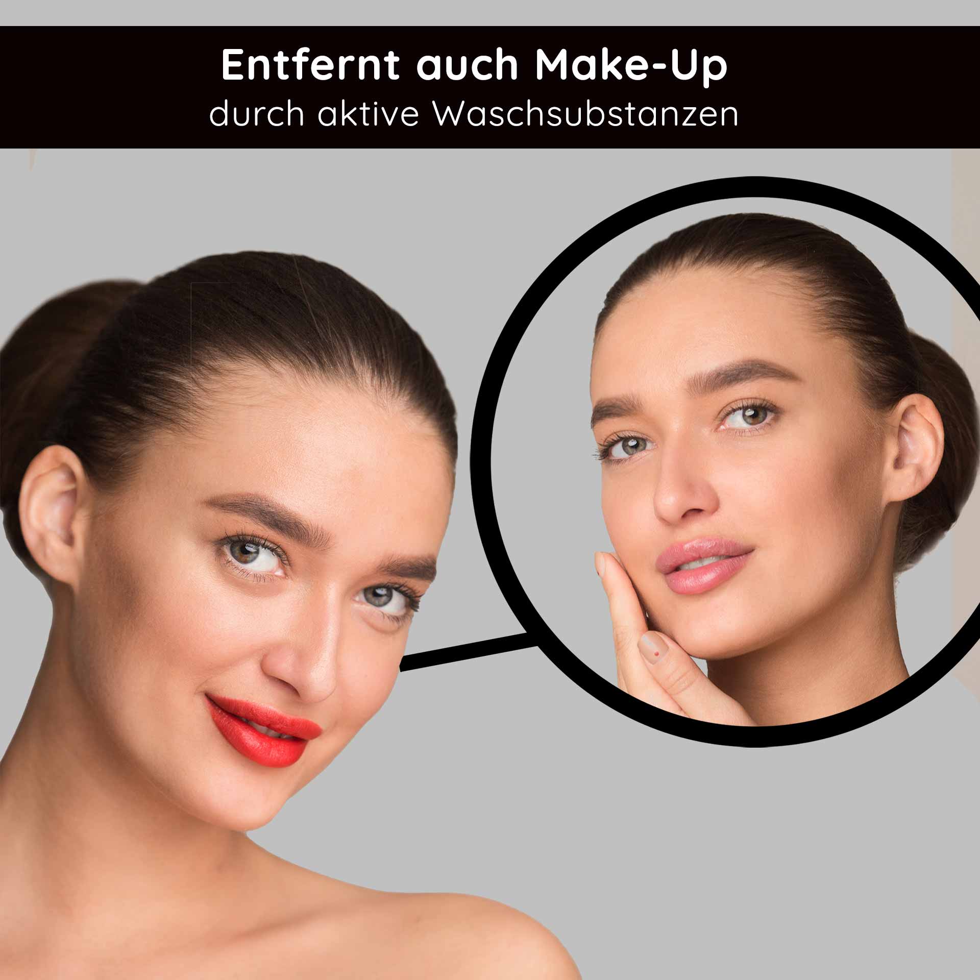 Cleansing Lotion 1000 ml gründliche Reinigunglotion Frau mit rotem Lippenstift und makelloser Haut, zeigt die Wirkung der RAU Cosmetics Reinigungslotion, die Make-up entfernt und Hautpflege bietet.