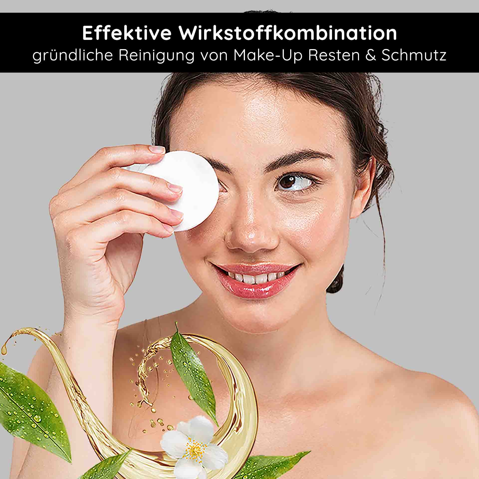 AHA Tonic 200 ml - Toner with anti-ageing effect Frau mit Make-Up-Entferner-Pad reinigt sanft ihr Gesicht, um Make-Up-Reste und Schmutz zu entfernen, umgeben von natürlichen Extrakten und Wasser, symbolisiert sanfte Hautpflege und effektive Wirkstoffkombination.