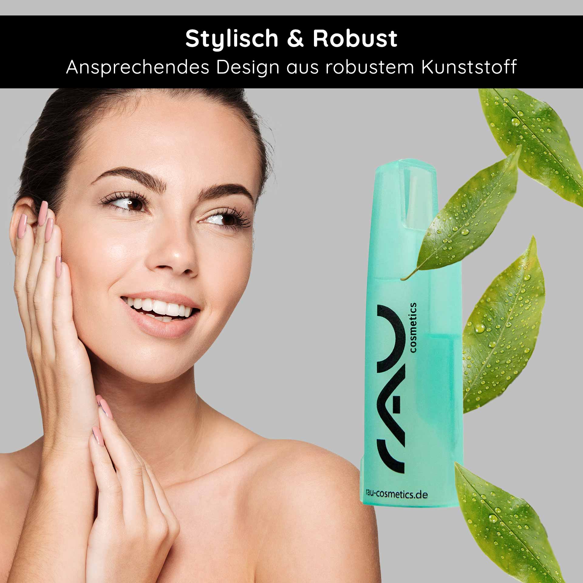 Ampullenöffner für 2 ml Brechampullen Frau mit strahlendem Lächeln und glatter Haut, hält sich das Gesicht mit einer Hand, neben einem Ampullenöffner von RAU Cosmetics, umgeben von grünen Blättern, betont stilvolles und robustes Design.