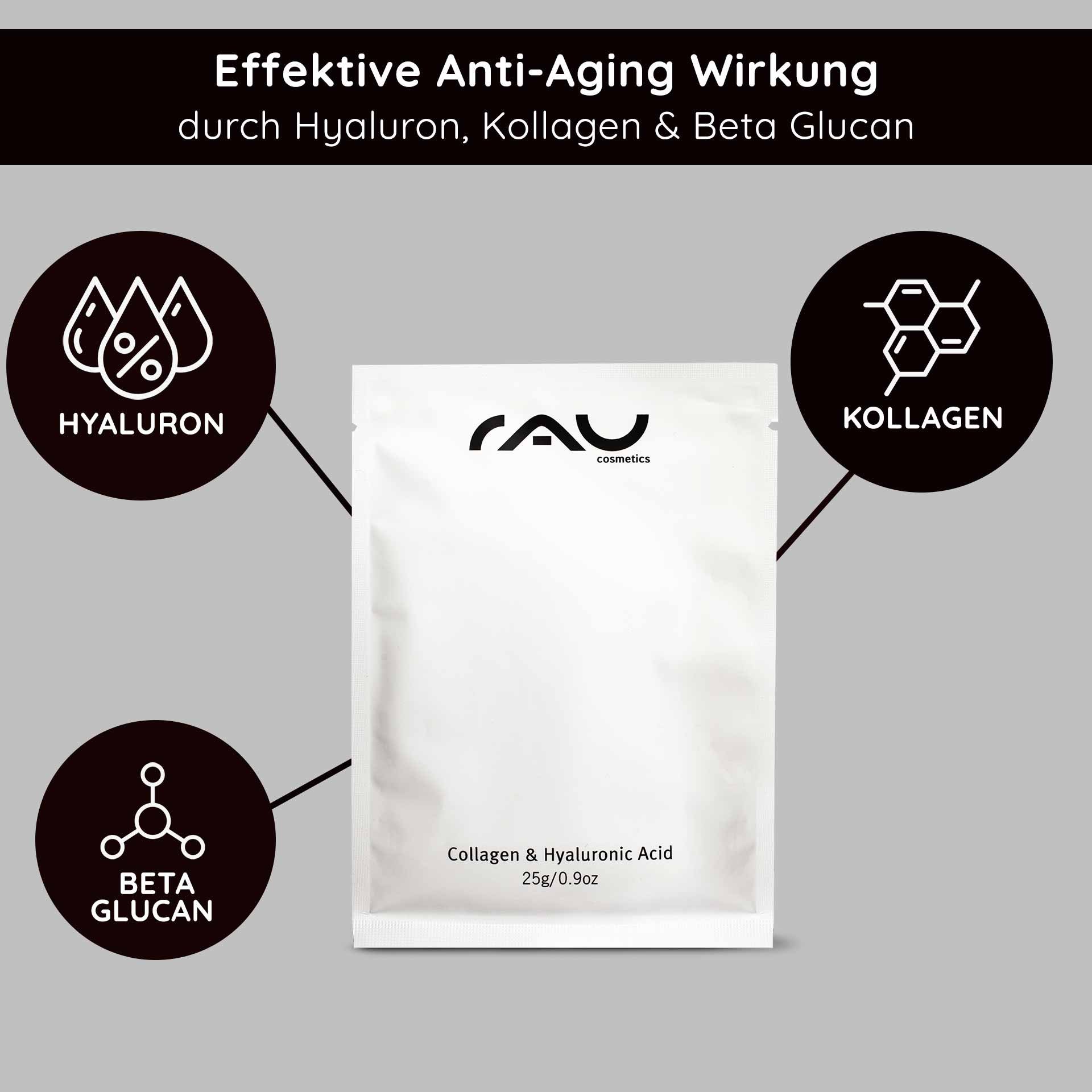 Verpackung einer Gesichtsmaske aus Kollagen und Hyaluronsäure mit Aloe-Vera-Elementen und einer lächelnden Frau, die gesunde Haut präsentiert und die Feuchtigkeitsversorgung und Anti-Aging-Vorteile betont.