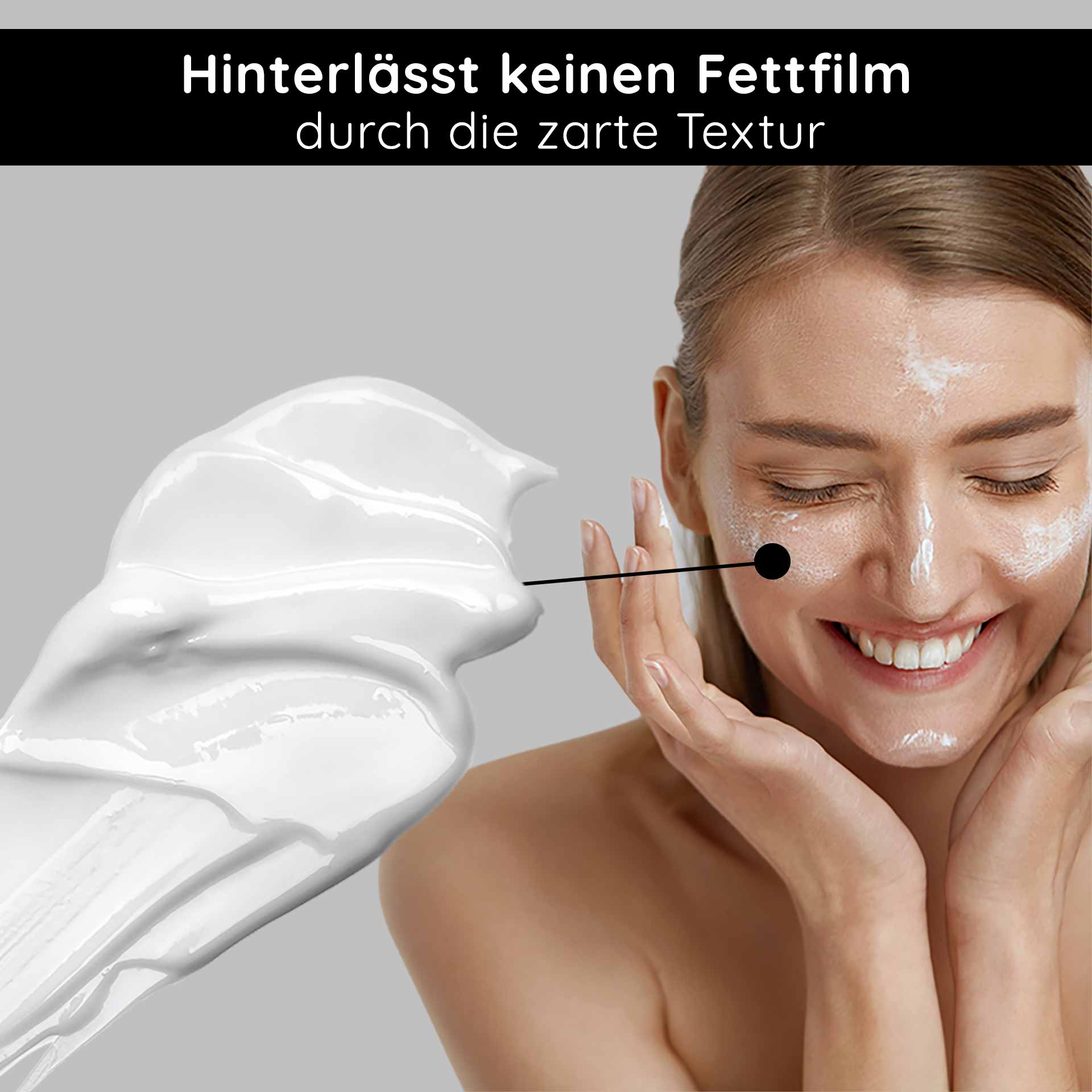 White Tea Cream 50 ml Anti Aging 24h Cream for dry and blemished skin Zarte Gesichtscreme auf der Haut einer lächelnden Frau, die eine feuchtigkeitsspendende und nicht fettende Textur präsentiert, ideal für die Anwendung der RAU Cosmetics White Tea Cream.