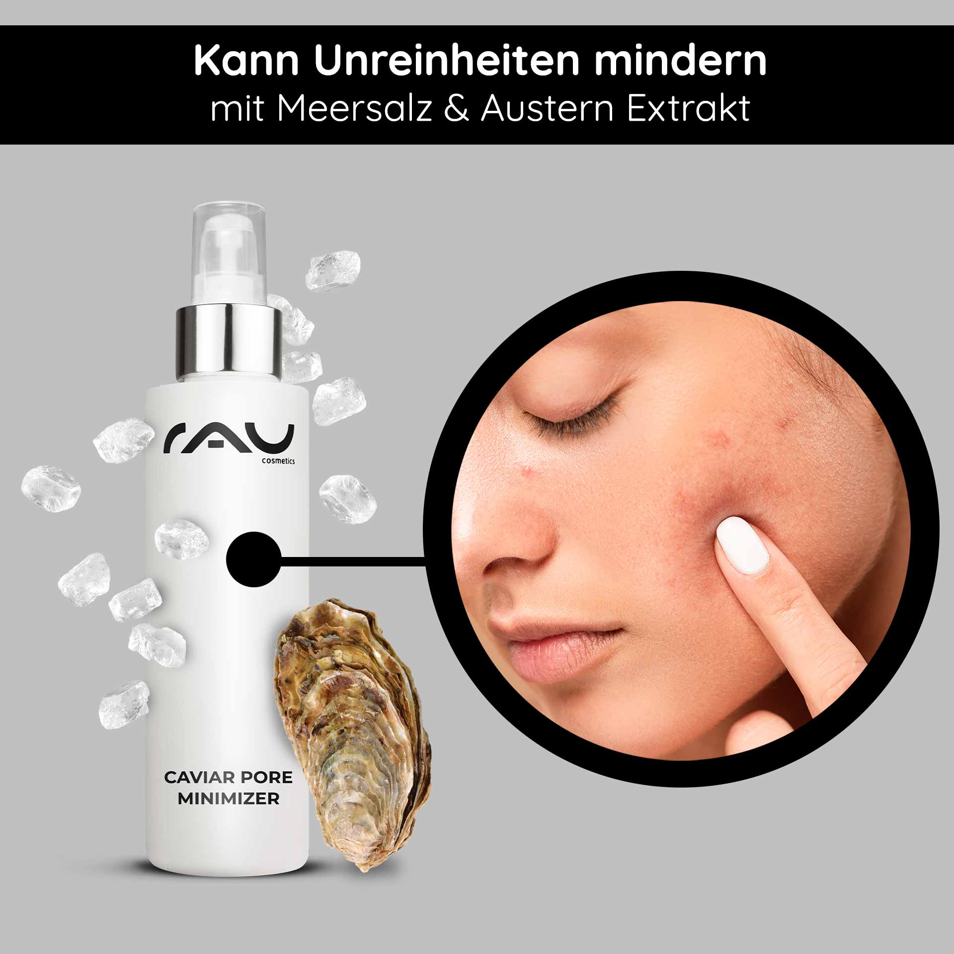 Caviar Pore Minimizer Serum 100 ml with Plankton Extract Caviar Pore Minimizer Serum von RAU Cosmetics mit Meersalz und Austernextrakt, das Hautunreinheiten hervorhebt und die Poren verkleinert.