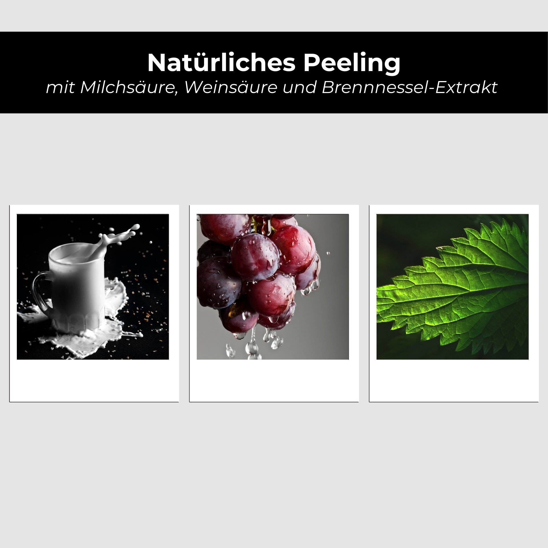 Natural peeling with milk, grapes, and nettle extract, represented by images of splashing milk glass, fresh grapes, and green nettle leaves.
