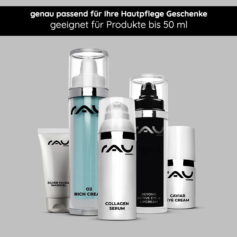 Geschenkverpackung "Kissen" mit schwarzer Schleife für Hautpflegeprodukte, geeignet für Geschenke bis 50 ml, von RAU Cosmetics.