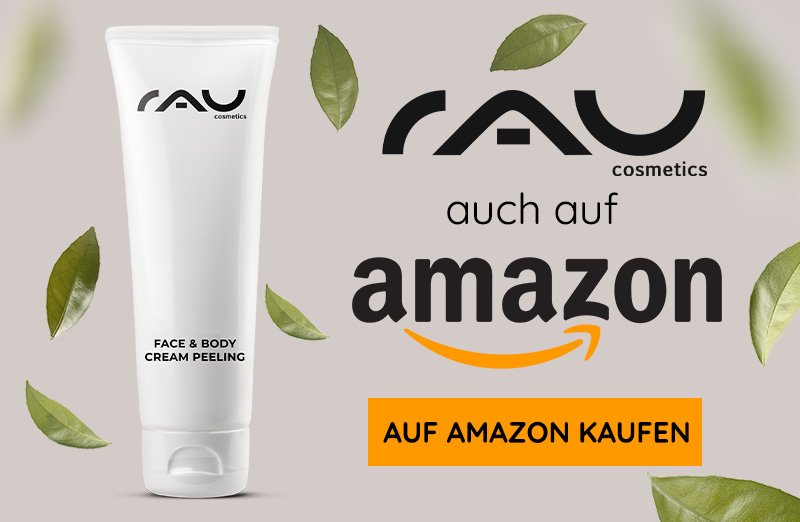 Weißer Tube RAU Cosmetics Gesichts- und Körperpeeling mit Amazon-Kaufsymbolen und natürlichem Blattdesign.