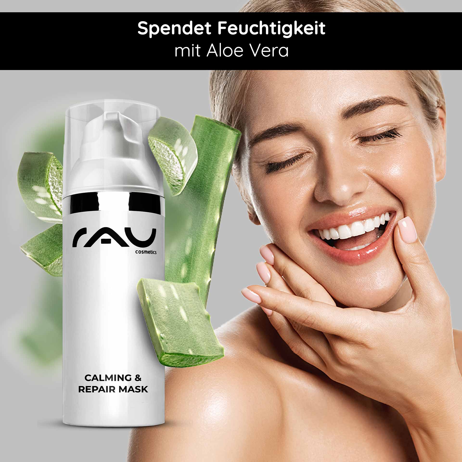 Calming & Repair Mask 50 ml Beruhigende Maske mit Urea RAU Cosmetics Calming & Repair Mask mit Aloe Vera, lächelnde Frau, die das Produkt aufträgt, betont die feuchtigkeitsspendende und hautberuhigende Wirkung.