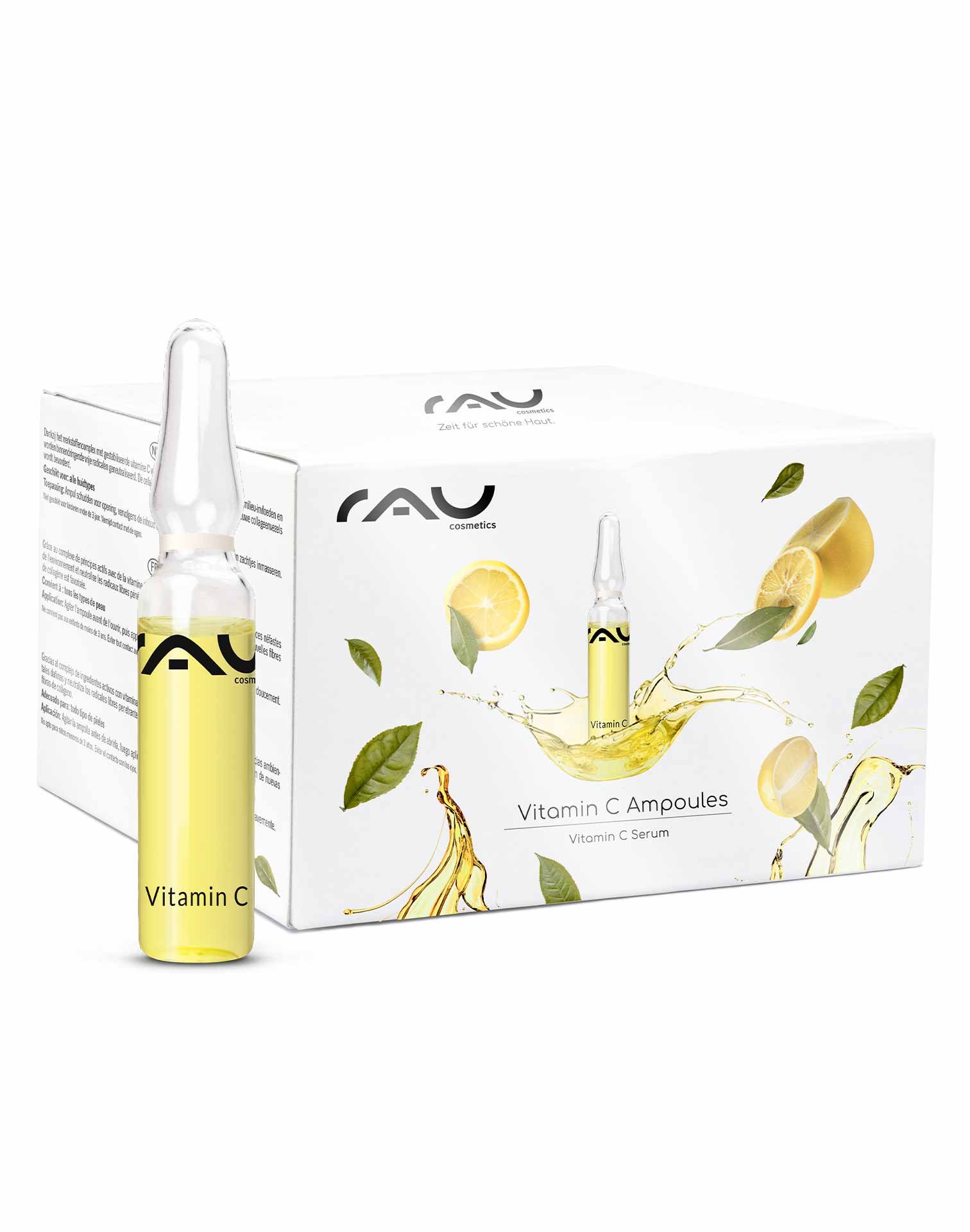 RAU Cosmetics Vitamin C Ampullen Set, 14 x 2 ml, mit gelbem Serumfläschchen und Verpackung mit Zitronen- und Blattgrafiken, fördert den Hautschutz und die Regeneration.