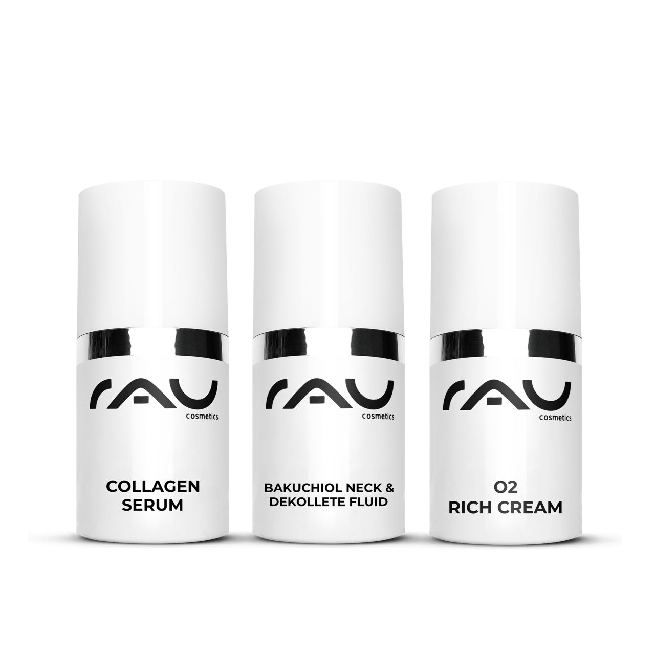 Hautbild RAU Mini‑Edition Bundle (3×15 ml) – Collagen Serum, O2 Rich Cream, Bakuchiol Neck Fluid